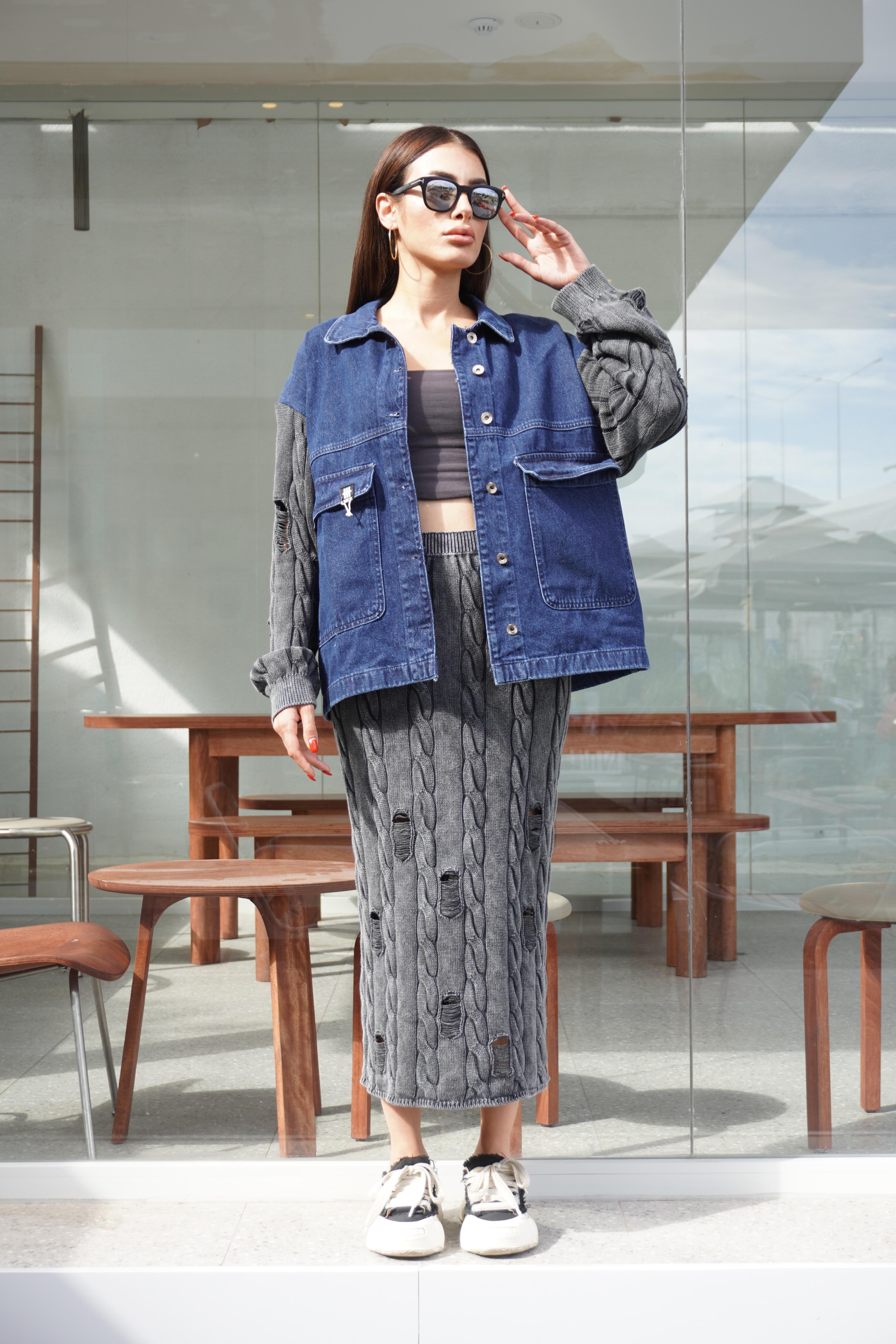 Triko Kol Detaylı Tasarım Oversize Denim Ceket