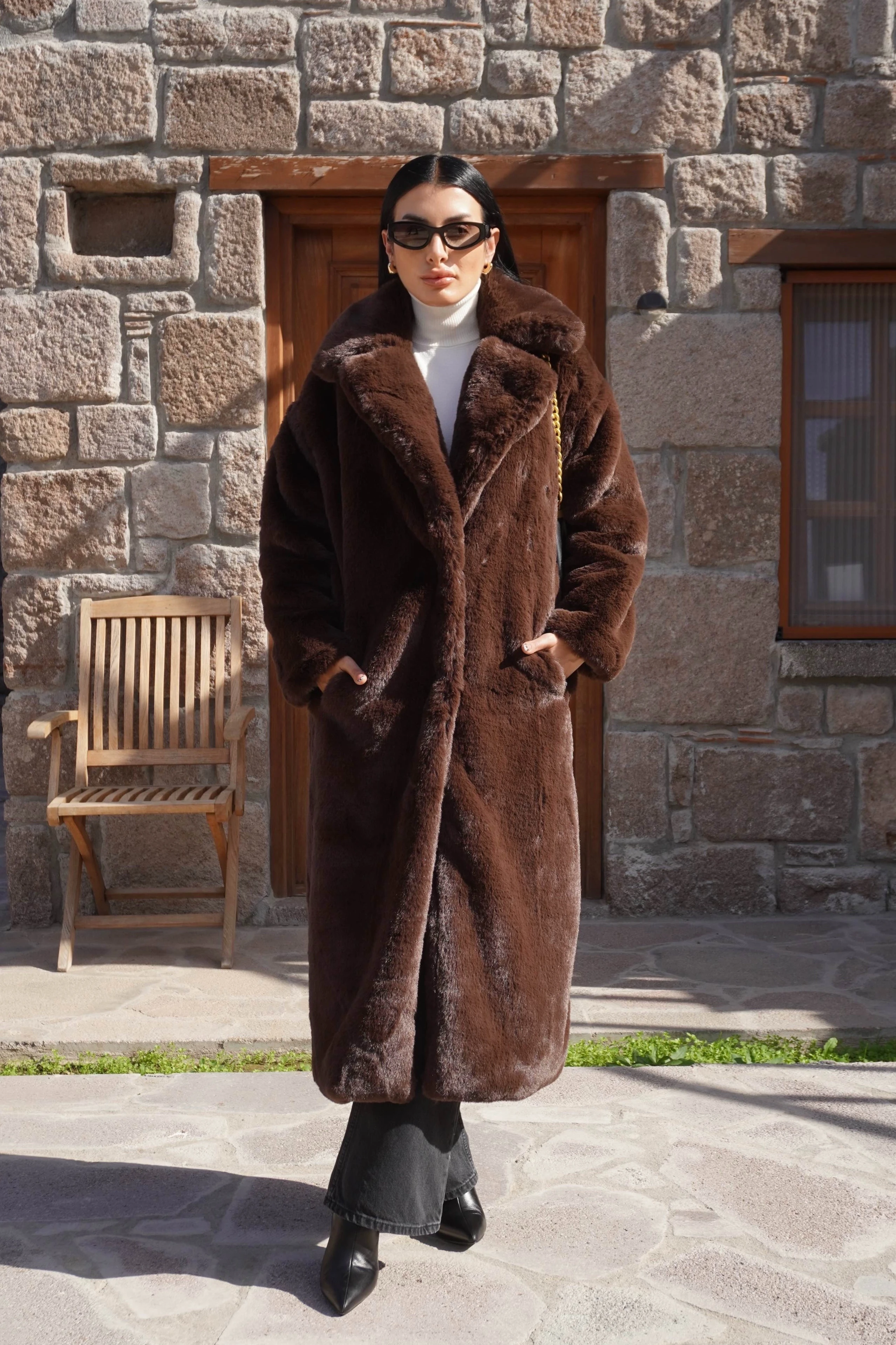 Premium Kahverengi Peluş Tam Boy Kürk Kaban 