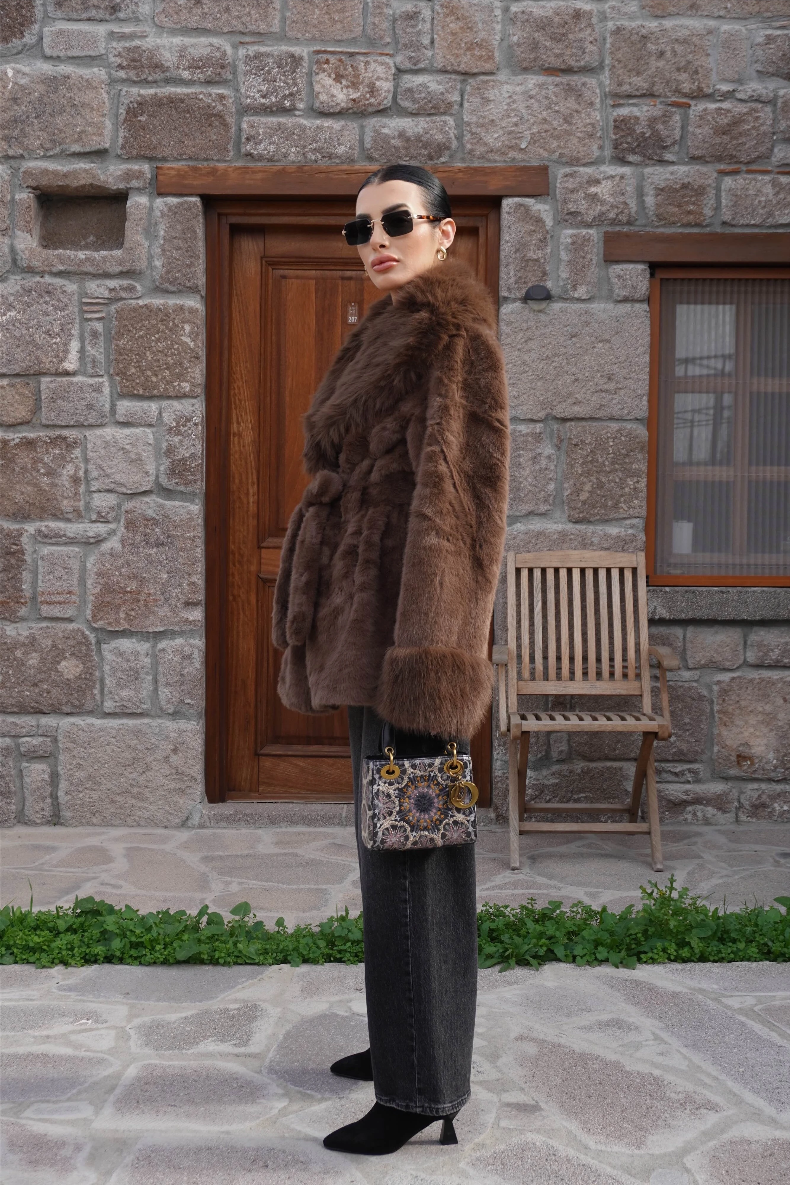 İthal Premium Kürk Yaka Kahverengi Peluş Kaban