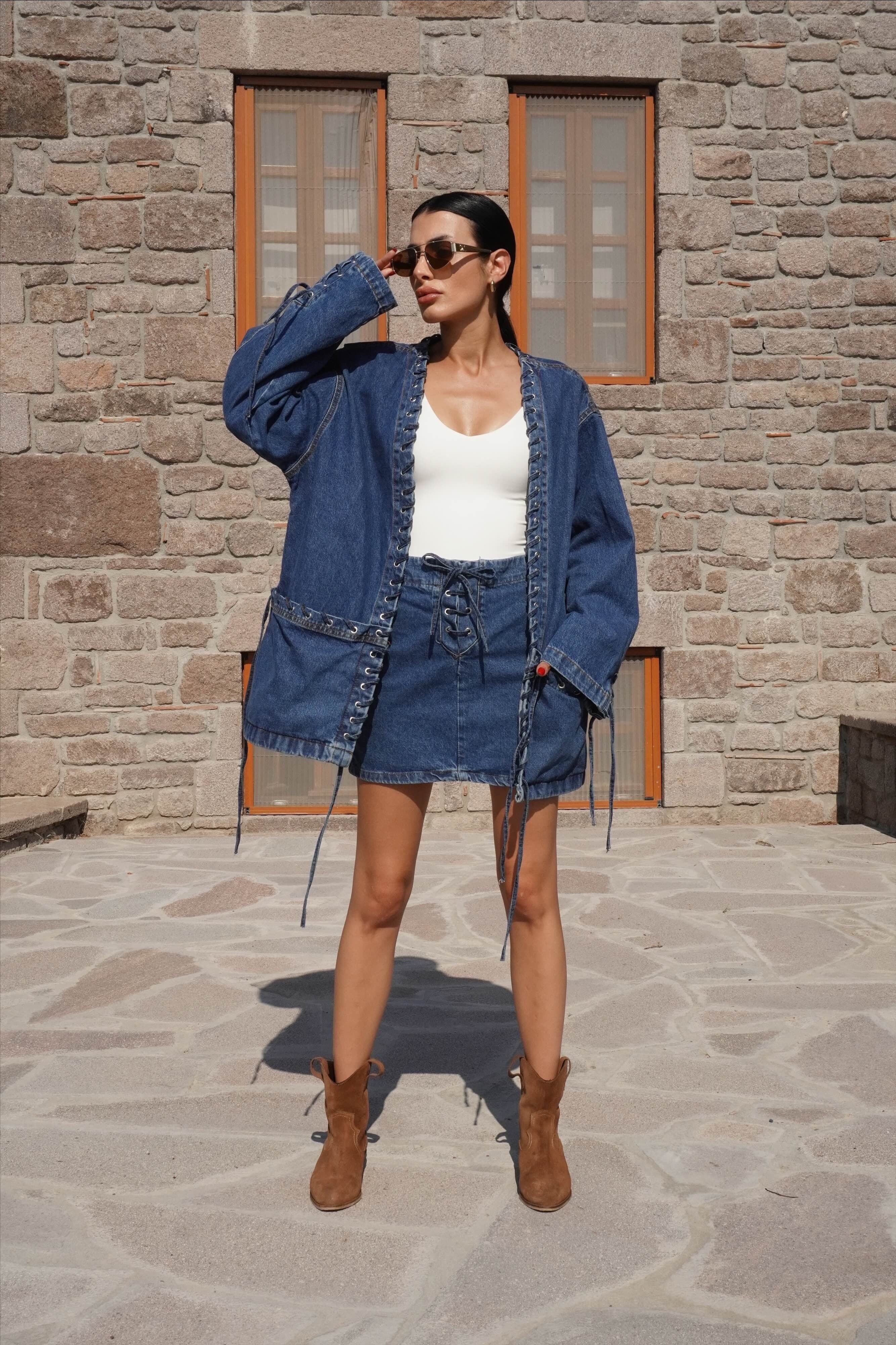Kuşgözlü Denim Ceket Etek Takım