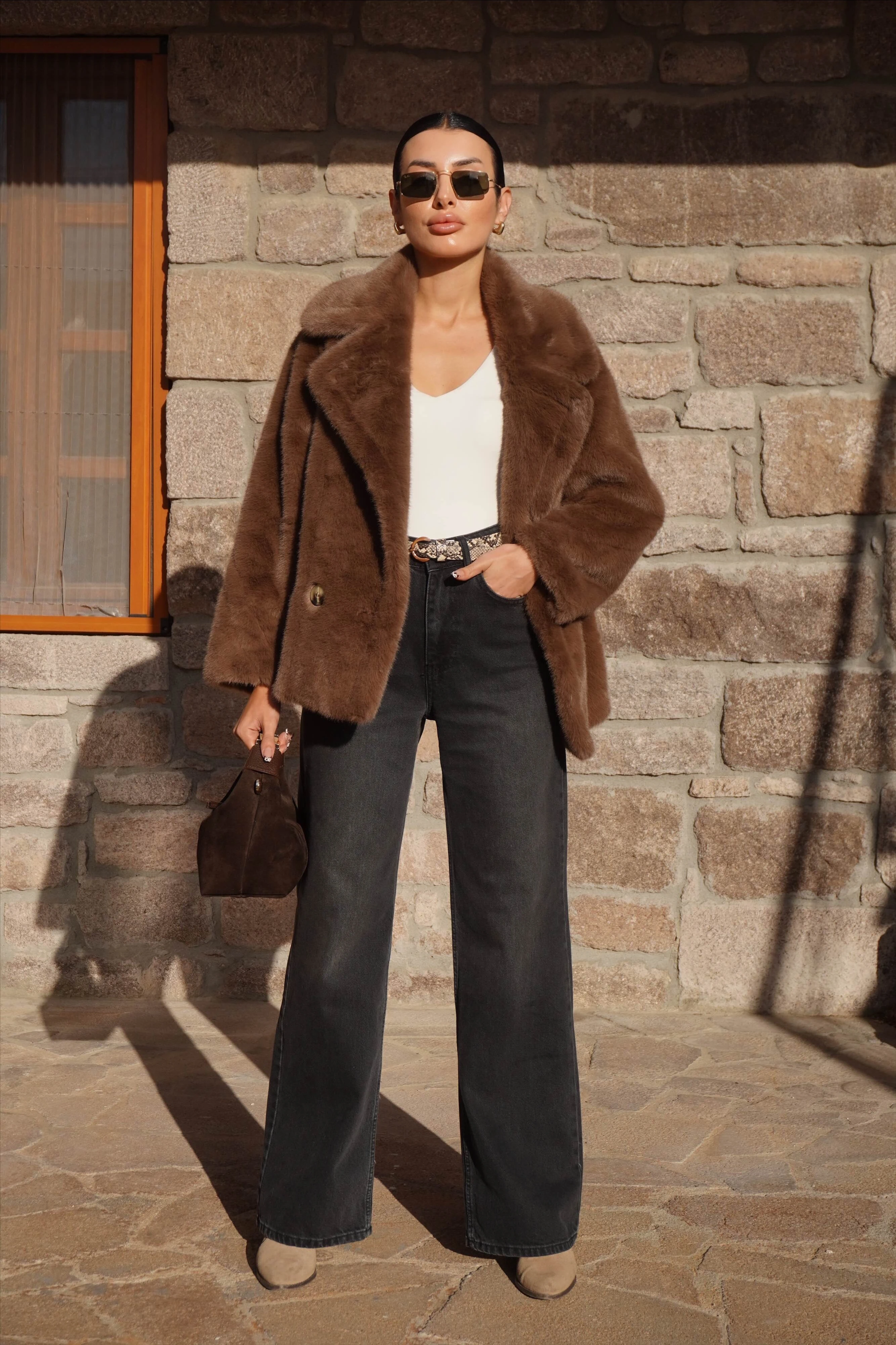 İthal Premium Kahverengi Peluş Ceket Kürk