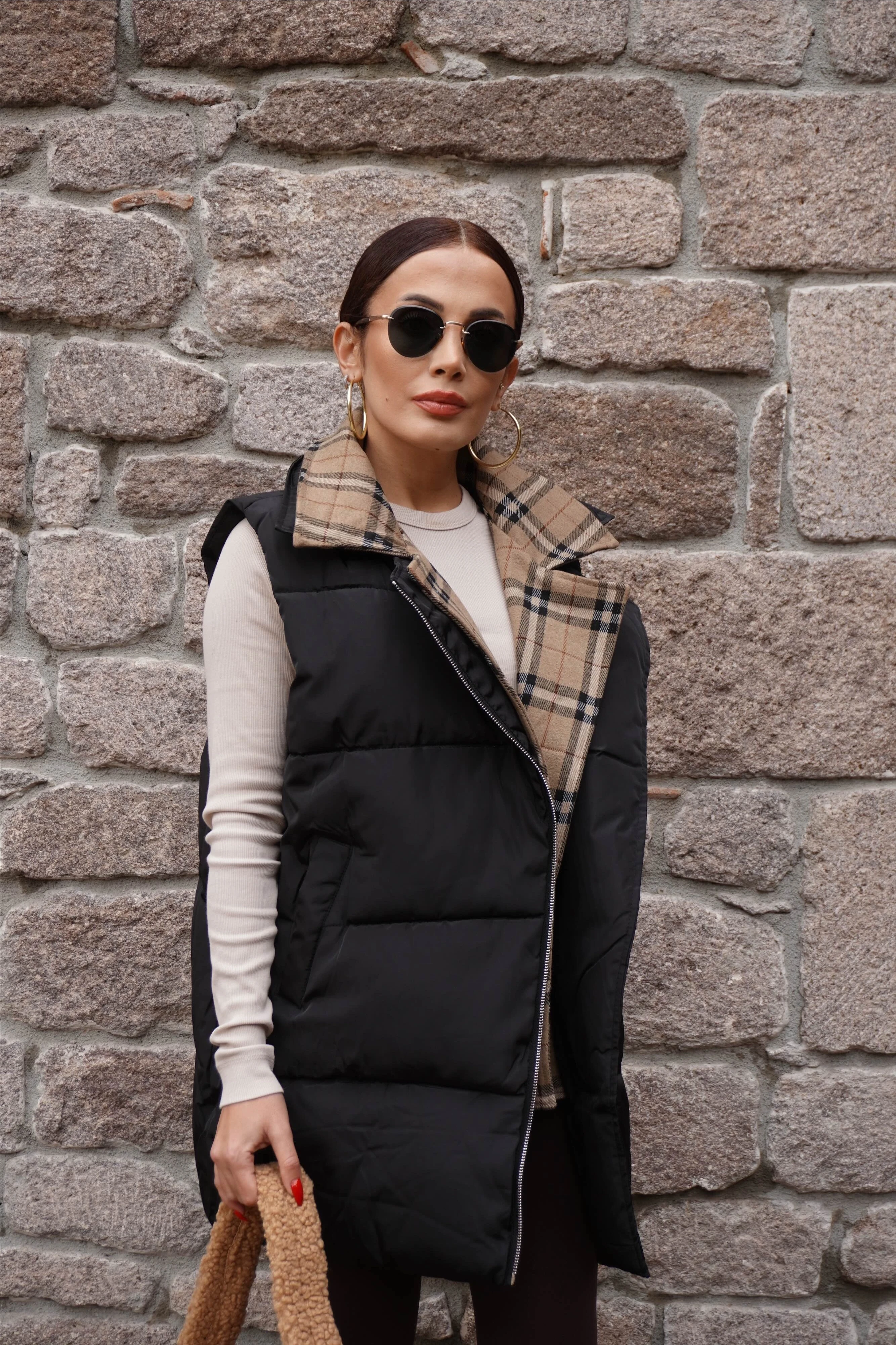 İthal Tasarım Ekose Desenli Yelek 