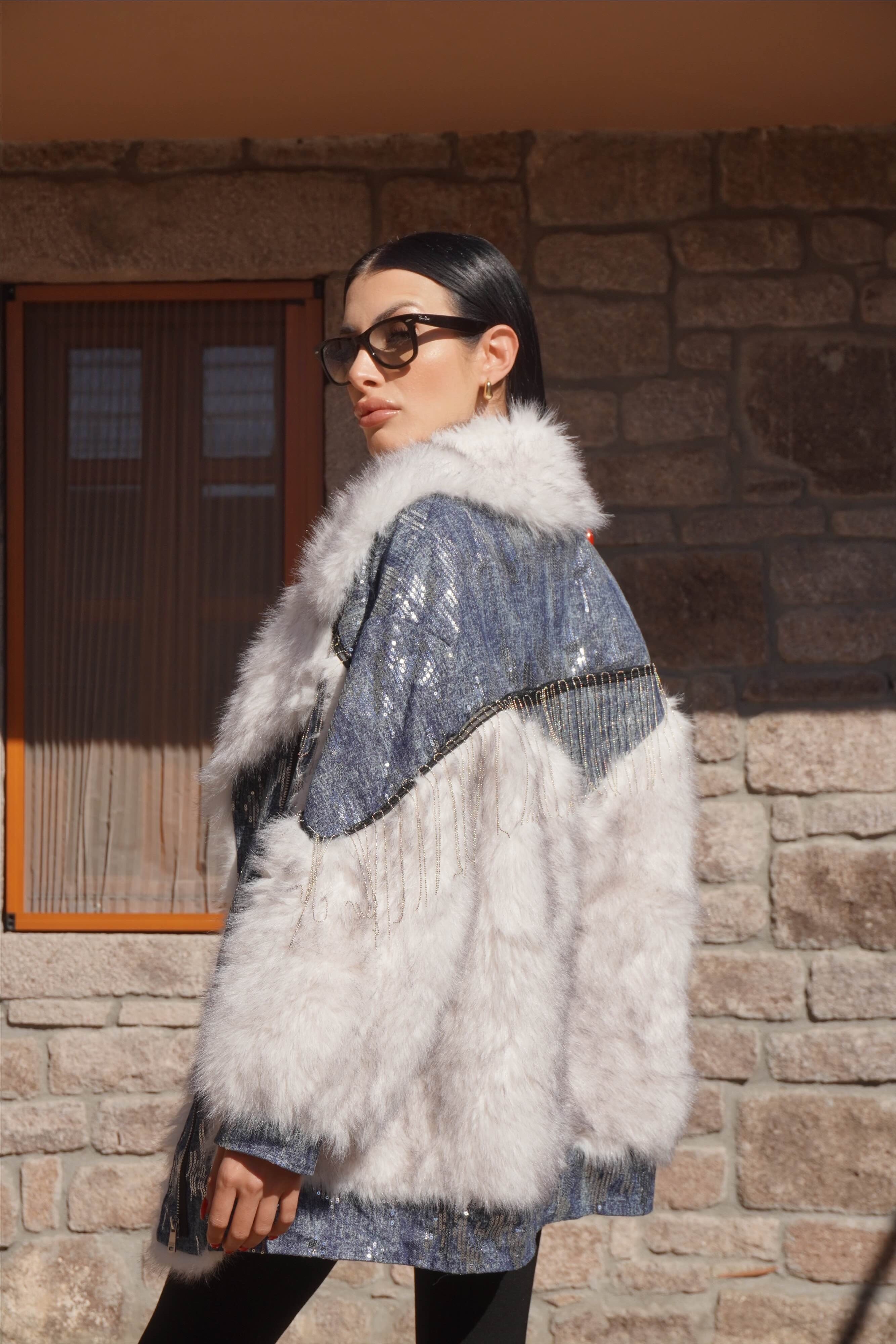 İthal Tasarım Premium Denim Detaylı Pul Dikişli Kürk Mont
