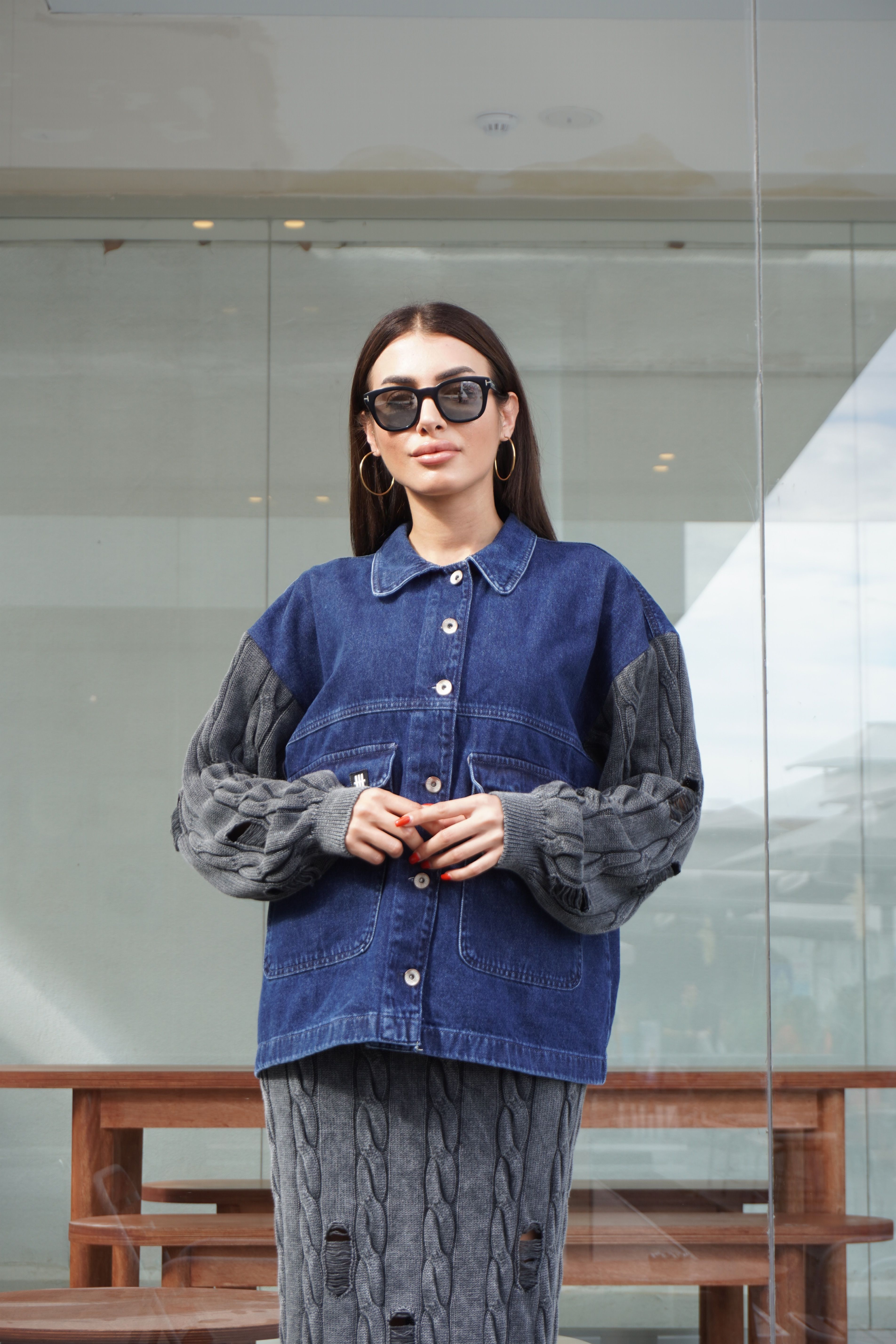 Triko Kol Detaylı Tasarım Oversize Denim Ceket