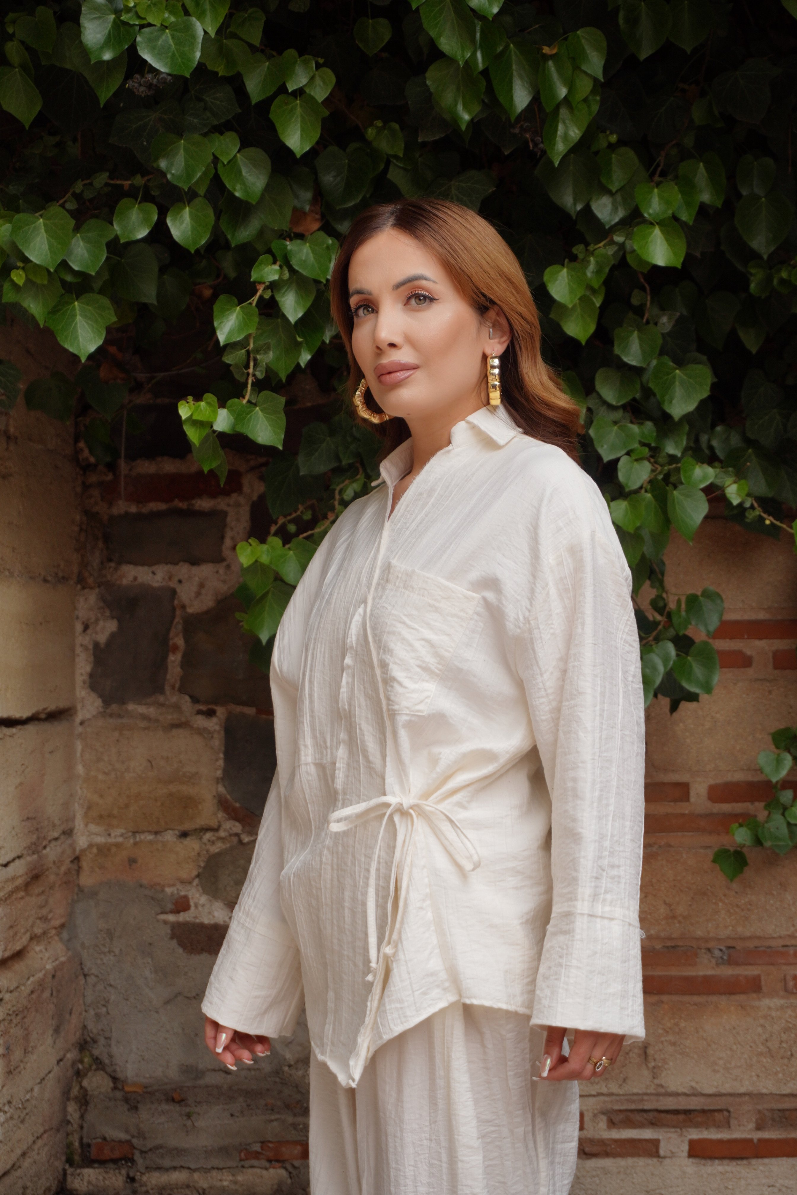 Marka Model Ekru Müslin Kumaş Kimono Gömlek Şalvar Pantolon Takım
