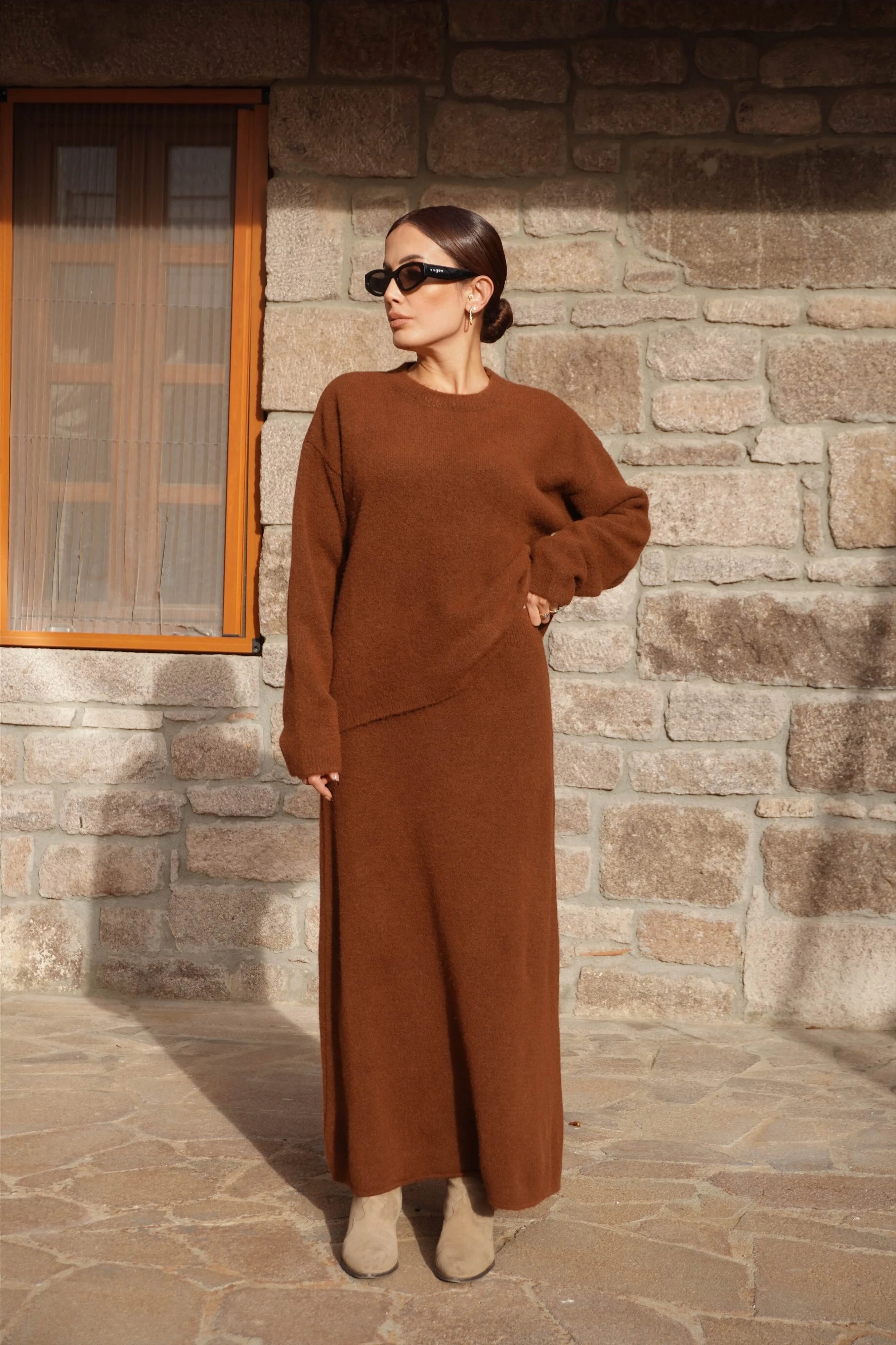 Premium Tarçın Renk Etek Kazak Triko Takım