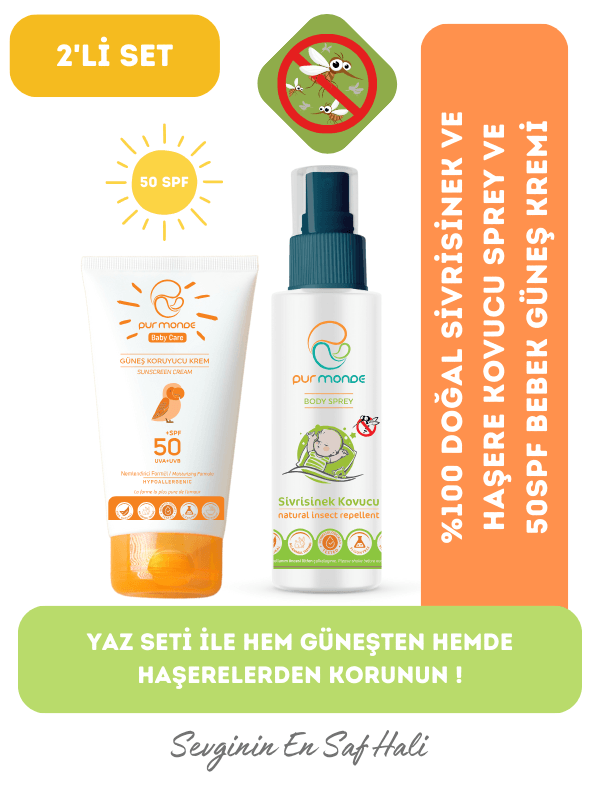 2'Lİ Yazlık Set %100 Doğal Sivrisinek Ve Haşere Kovucu Sprey ve 50 SPF Bebek ,Çocuk Güneş Kremi 