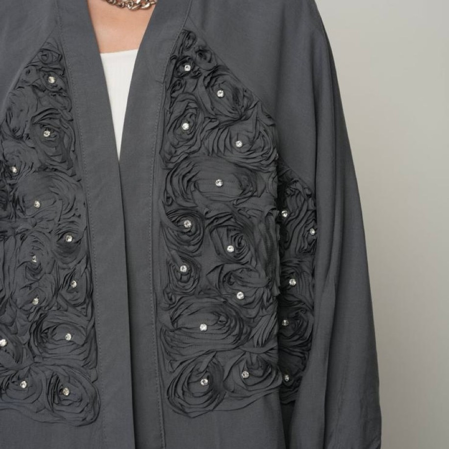 İşlemeli Taşlı Antrasit Kimono