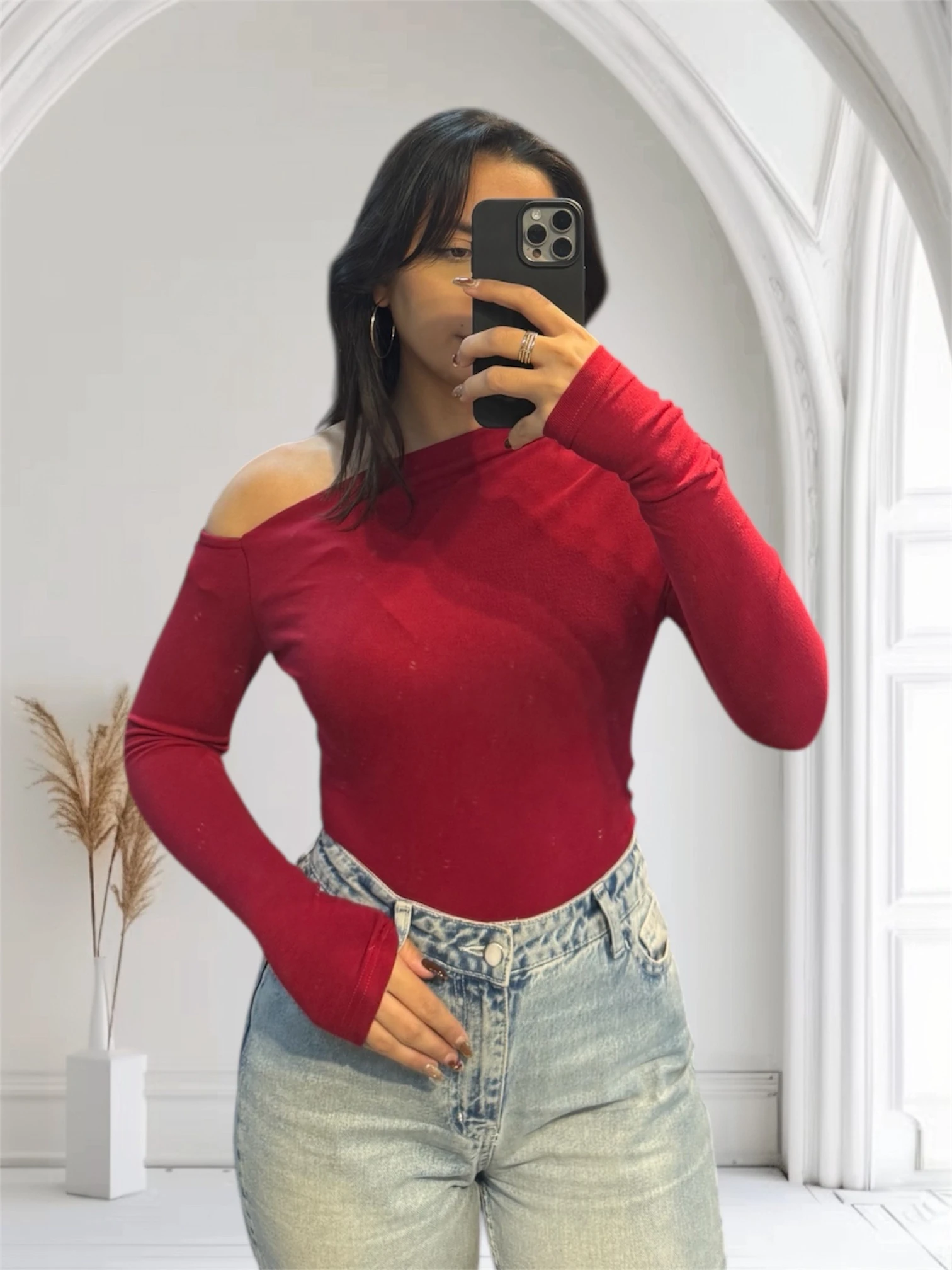 Bordo tek omuz penye Bluz