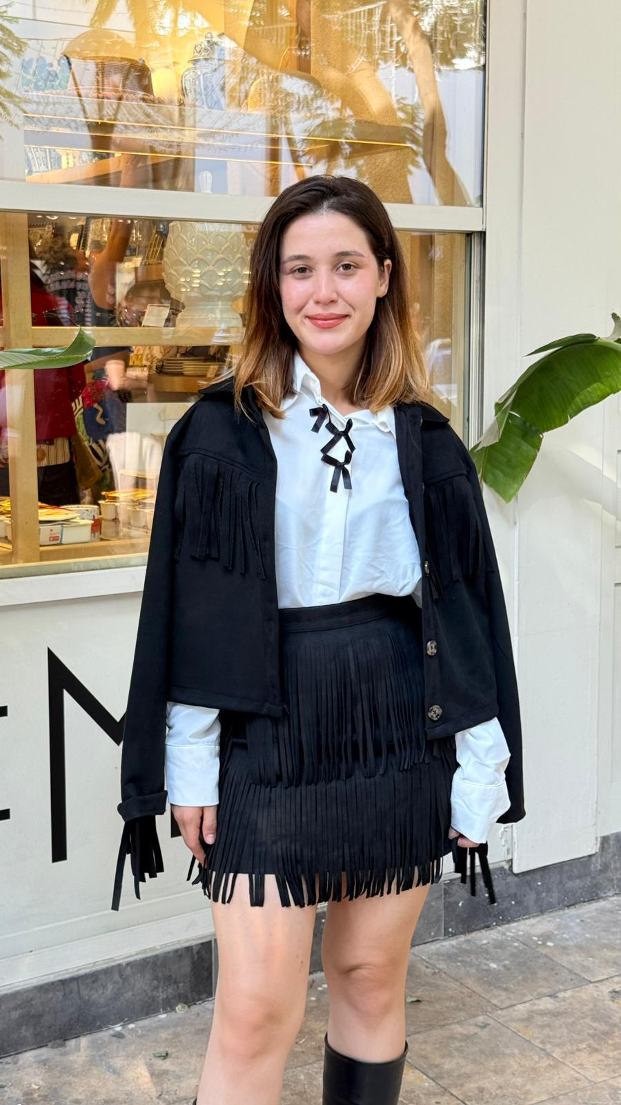 Siyah Saçaklı Mini Etek 