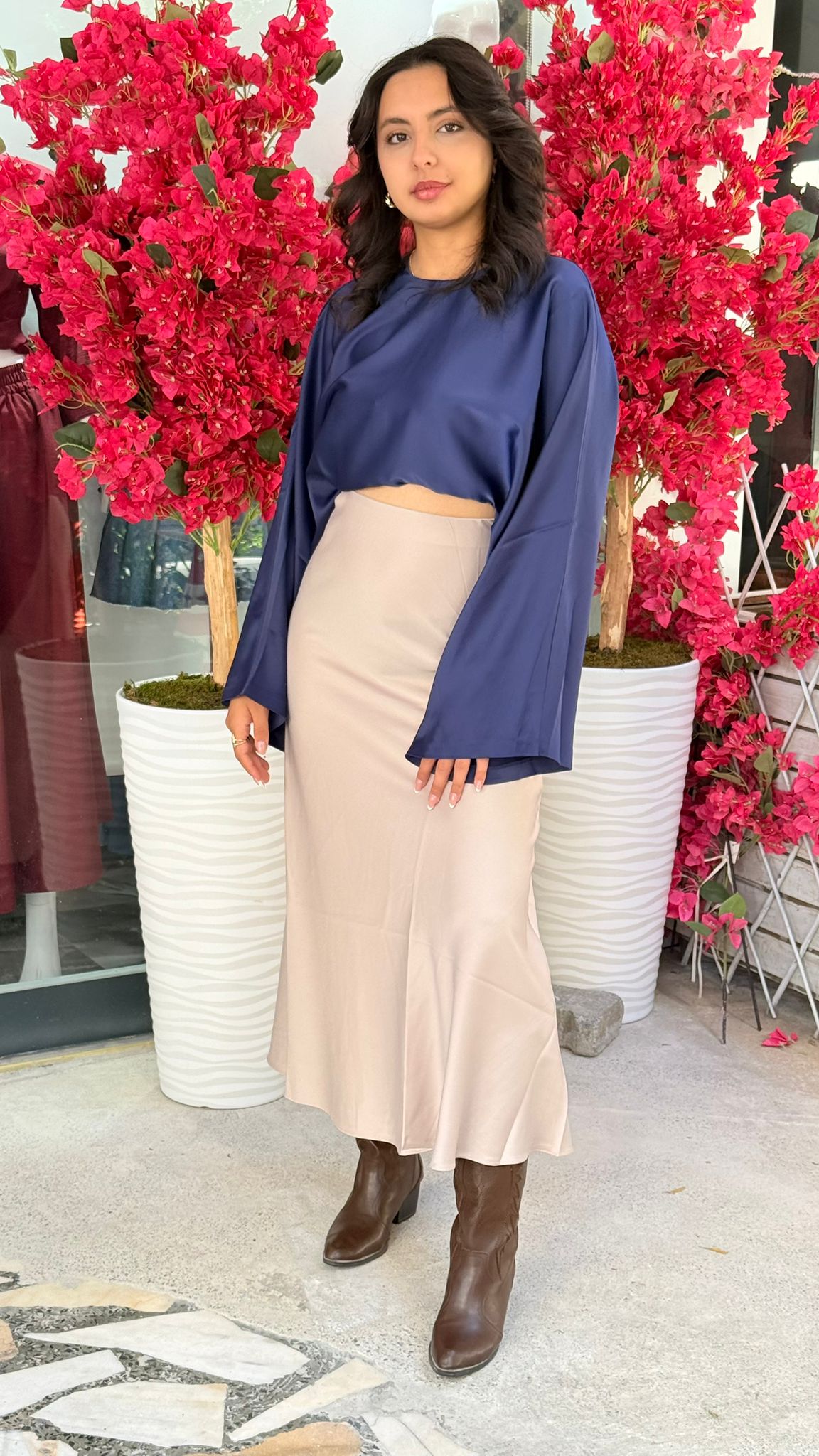 Lacivert Saten Yarasa Kol Bluz