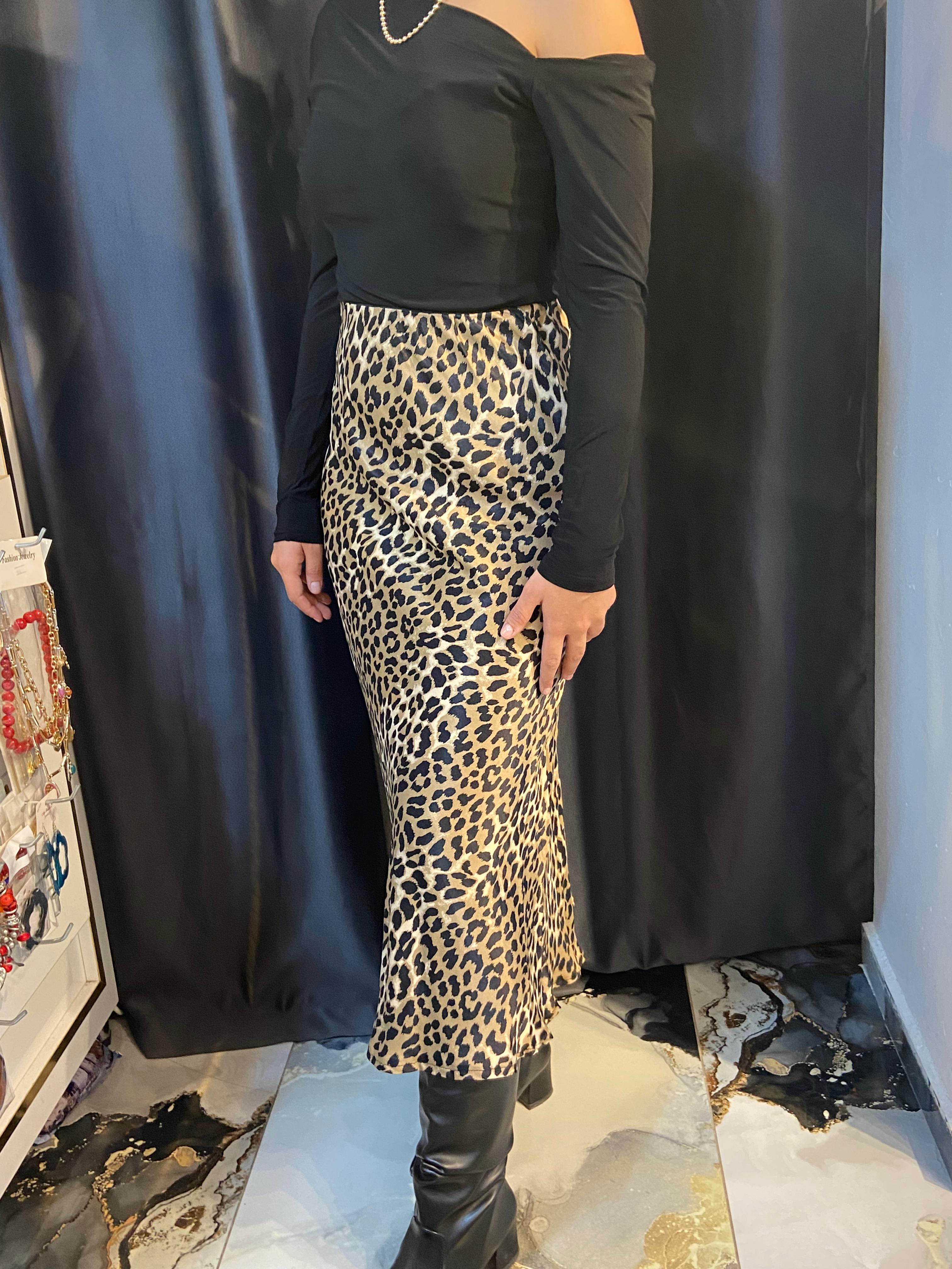 Leopar Desen Saten Midi Etek