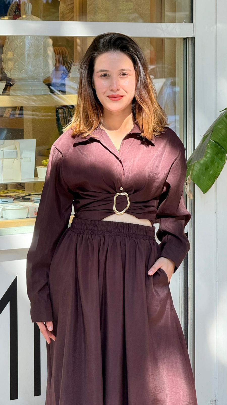 Kahverengi Gold Toka Detaylı Takım 