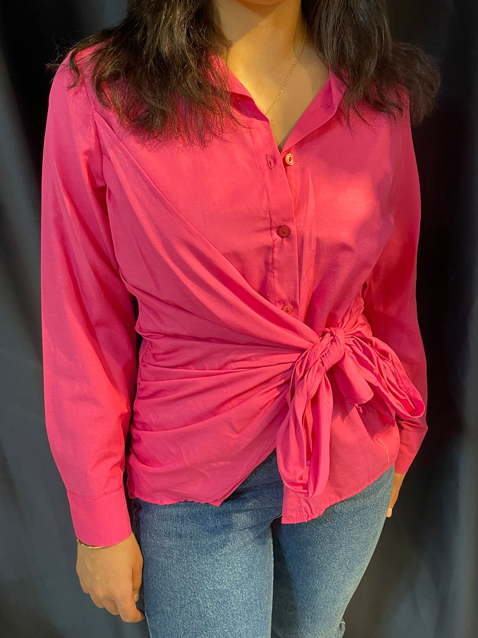 Pembe Yandan Bağlama Gömlek 