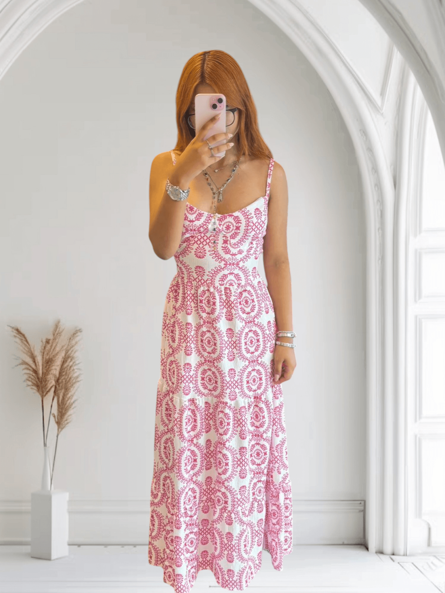 Pembe etnik desenli elbise