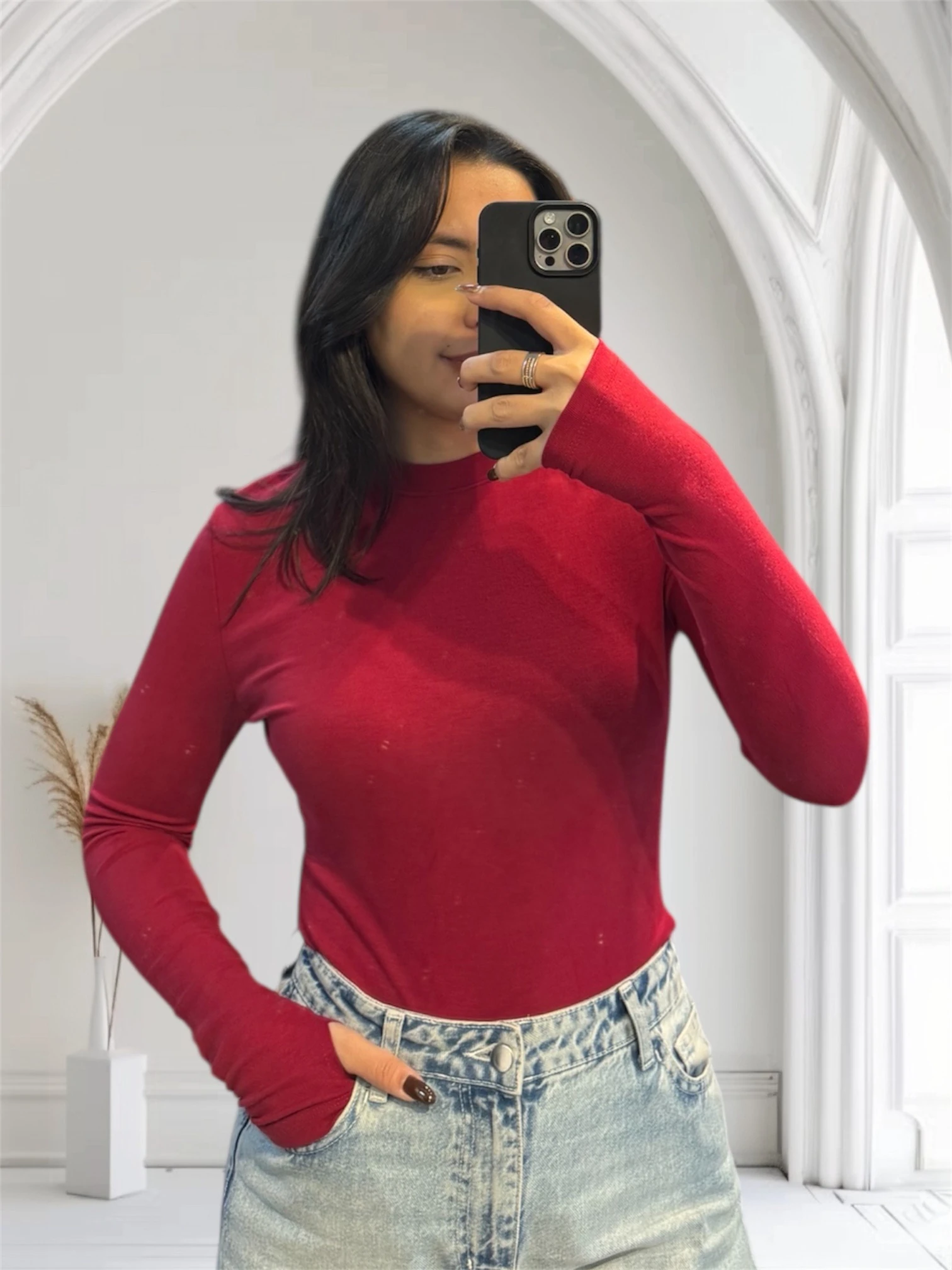 Bordo parmak detaylı Bluz