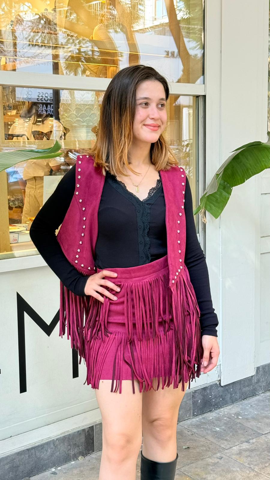 Bordo Saçaklı Mini Etek 