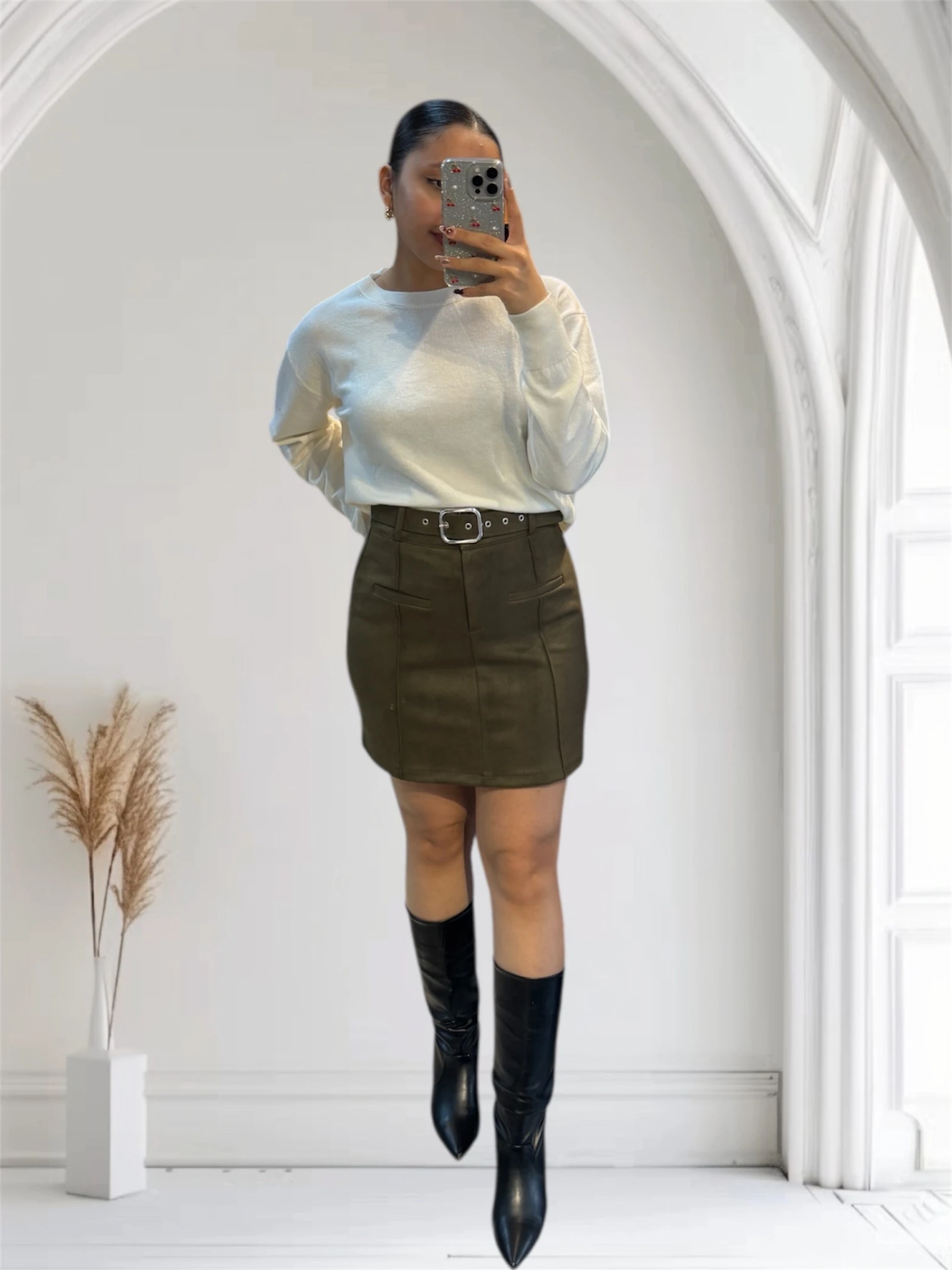 Yeşil  Kemer Detaylı Süet Etek