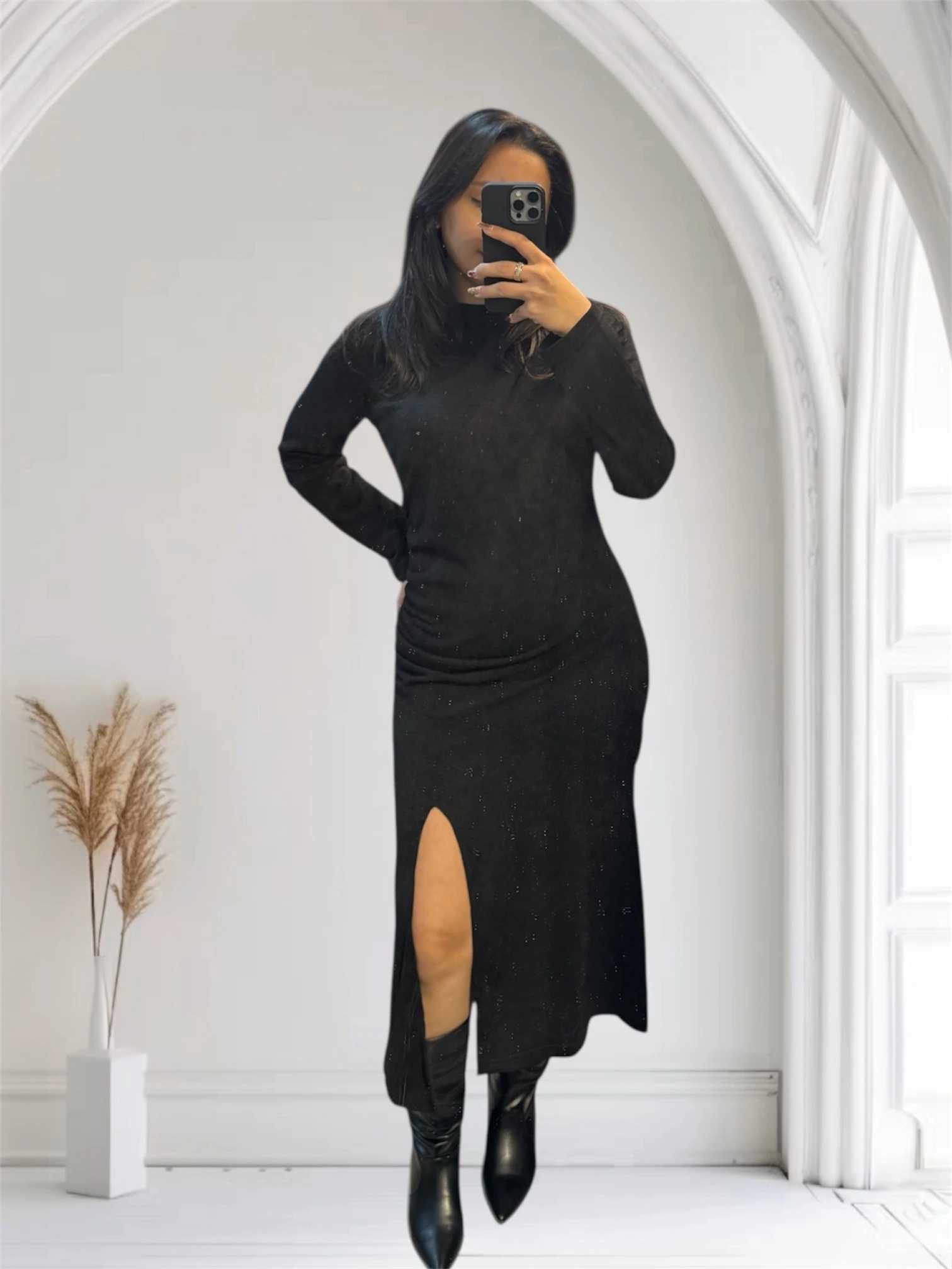 Turuncu Örgü Kumaş Yırtmaçlı Elbise 