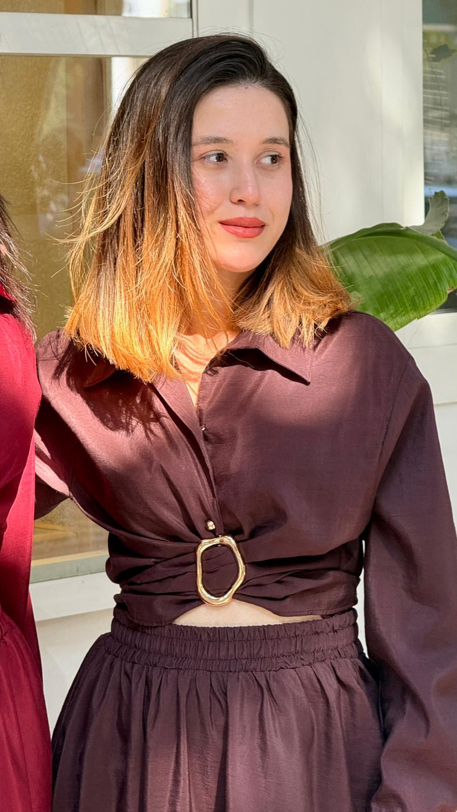 Kahverengi Gold Toka Detaylı Takım 