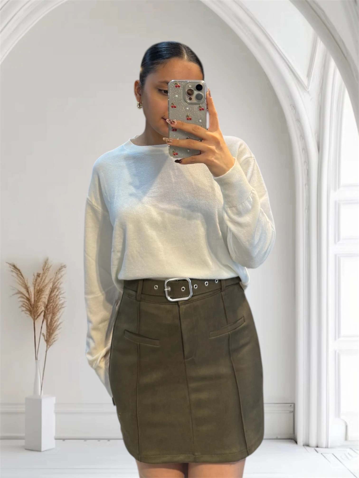 Yeşil  Kemer Detaylı Süet Etek