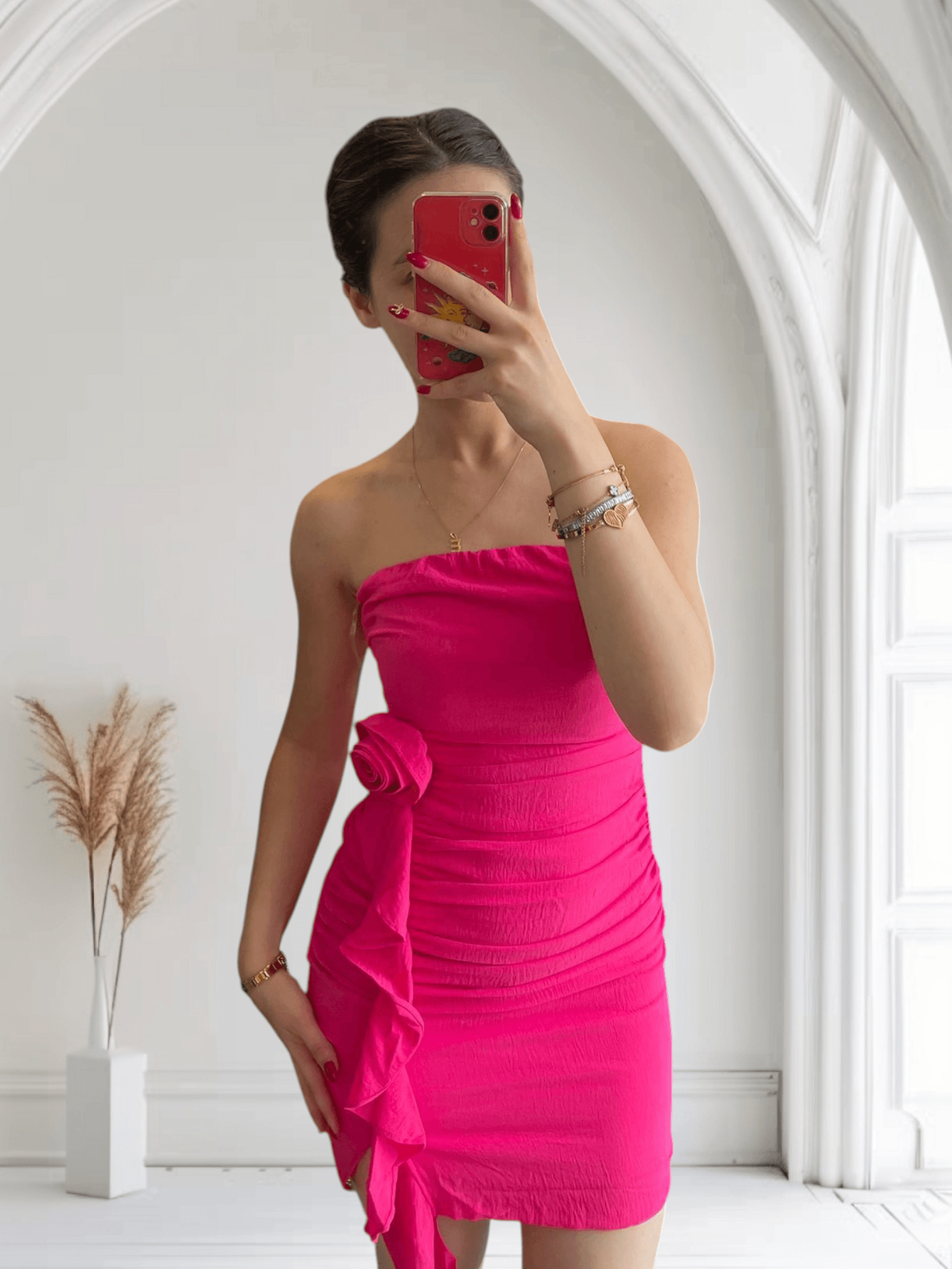Pembe straplez elbise