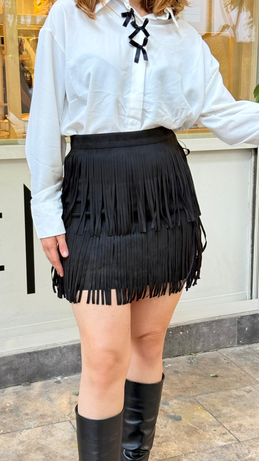 Siyah Saçaklı Mini Etek 