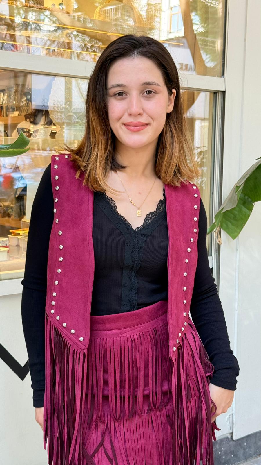 Bordo Saçaklı Yelek