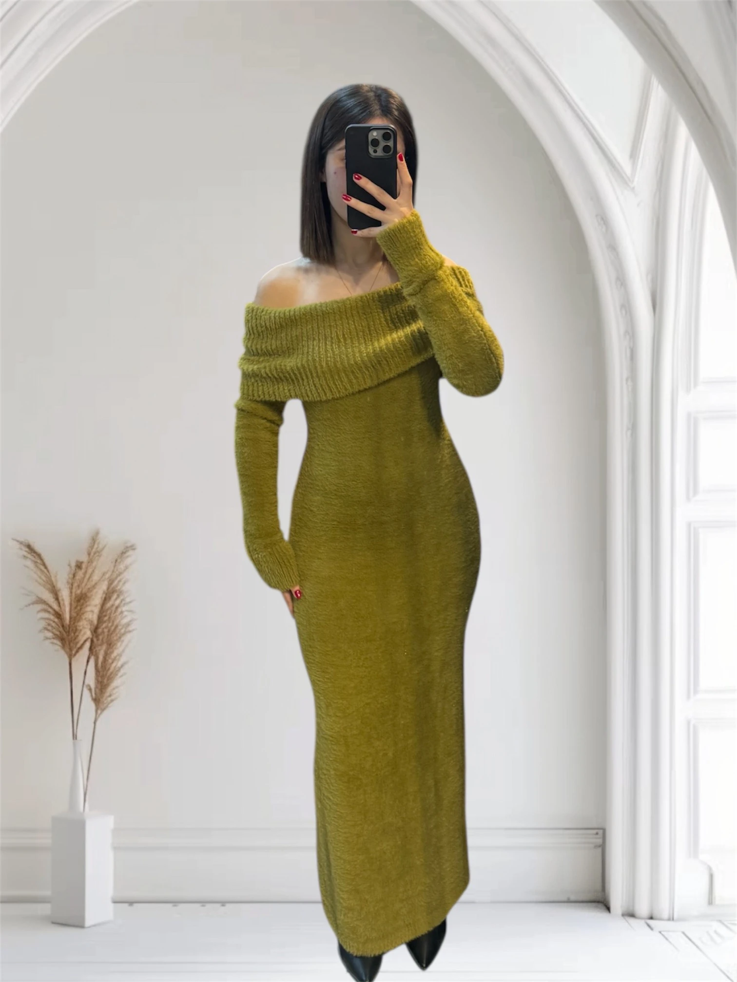 Yağ Yeşili Kayık Yaka Triko Elbise