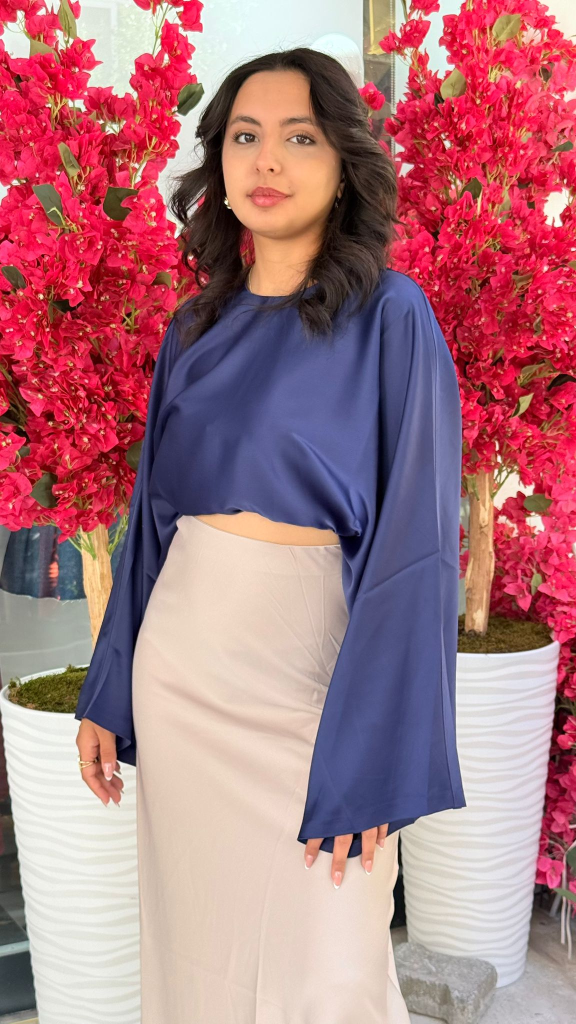 Lacivert Saten Yarasa Kol Bluz