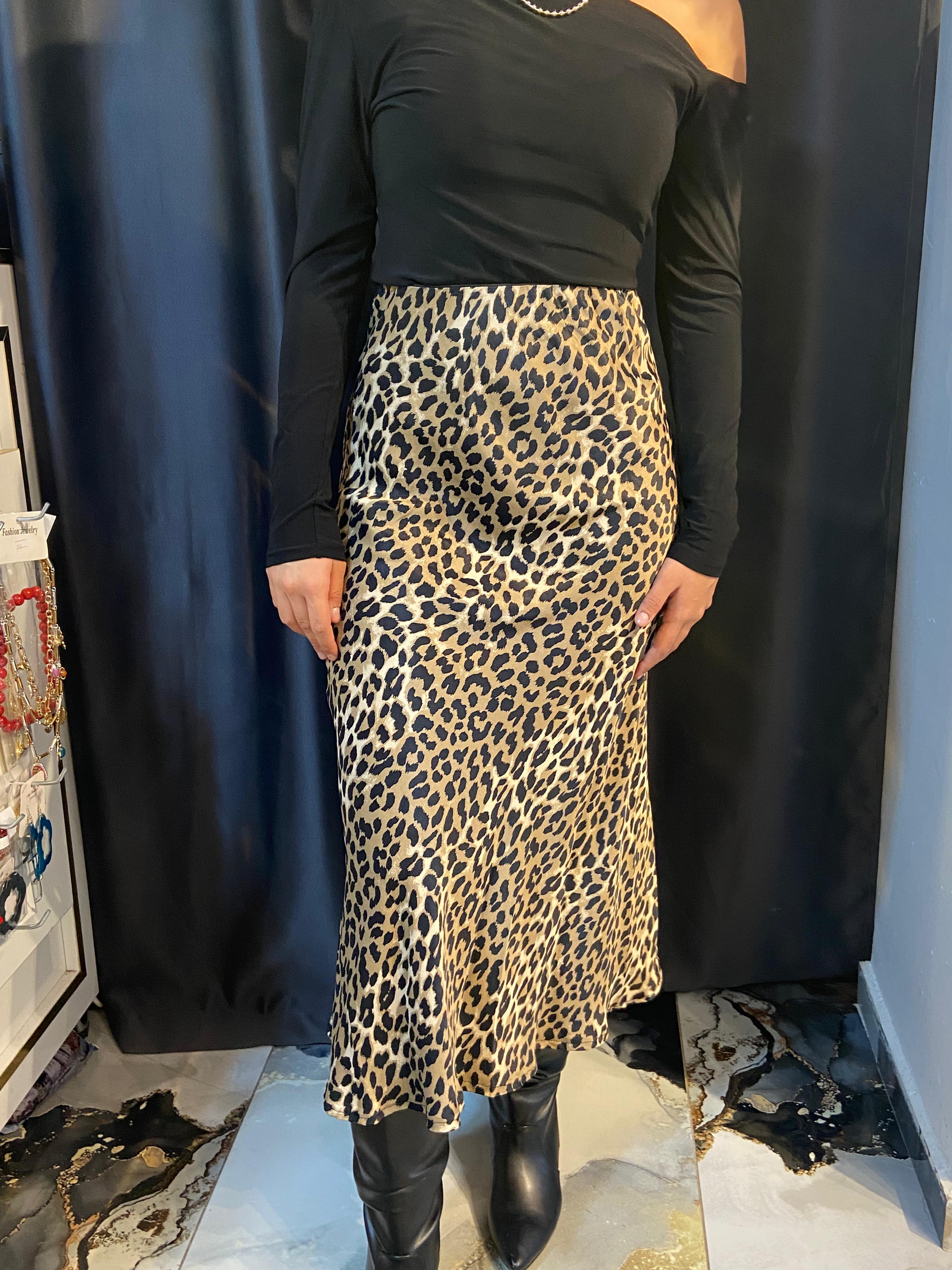 Leopar Desen Saten Midi Etek