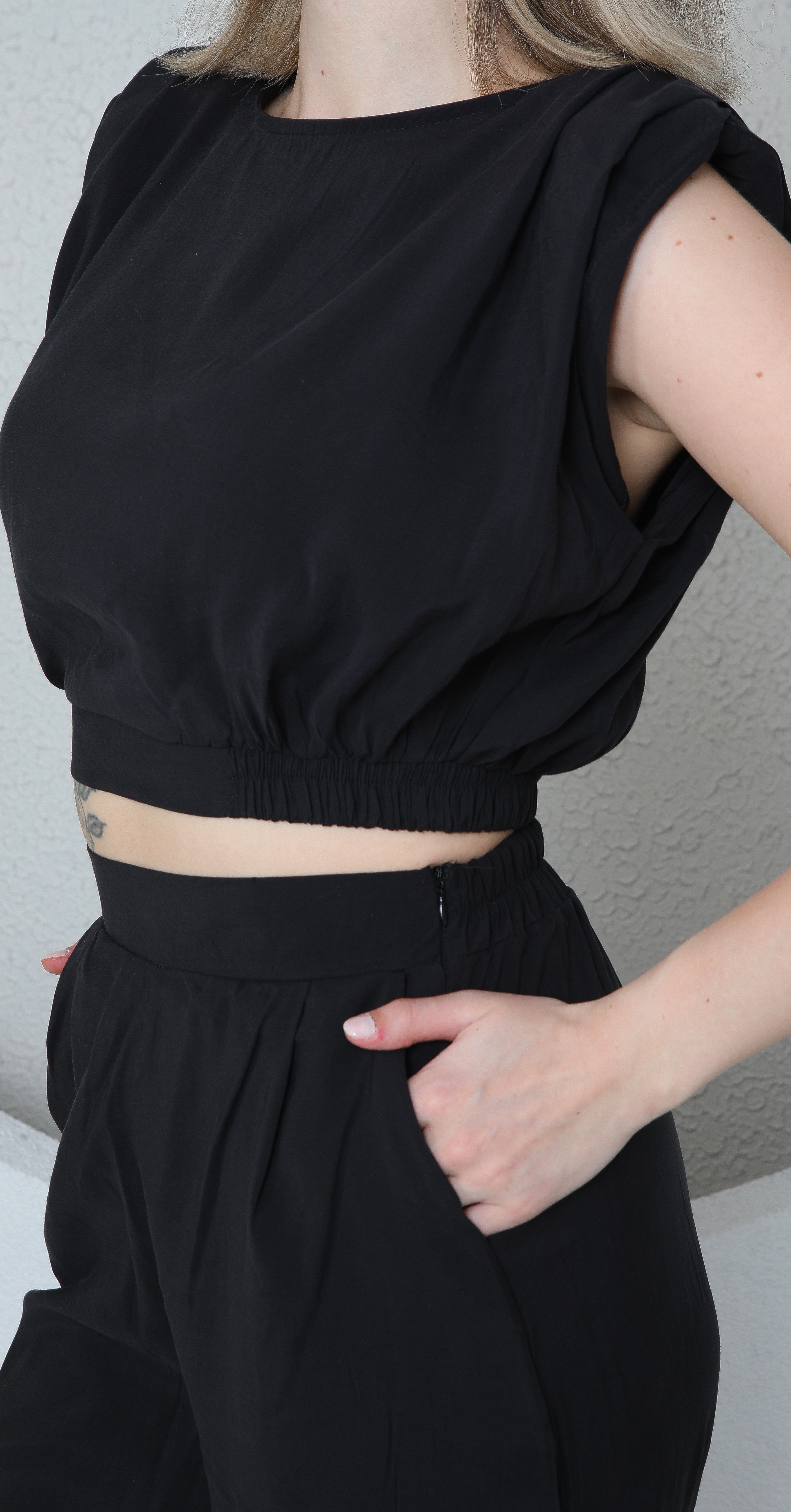 Crop Üst ve pantolon keten elbise