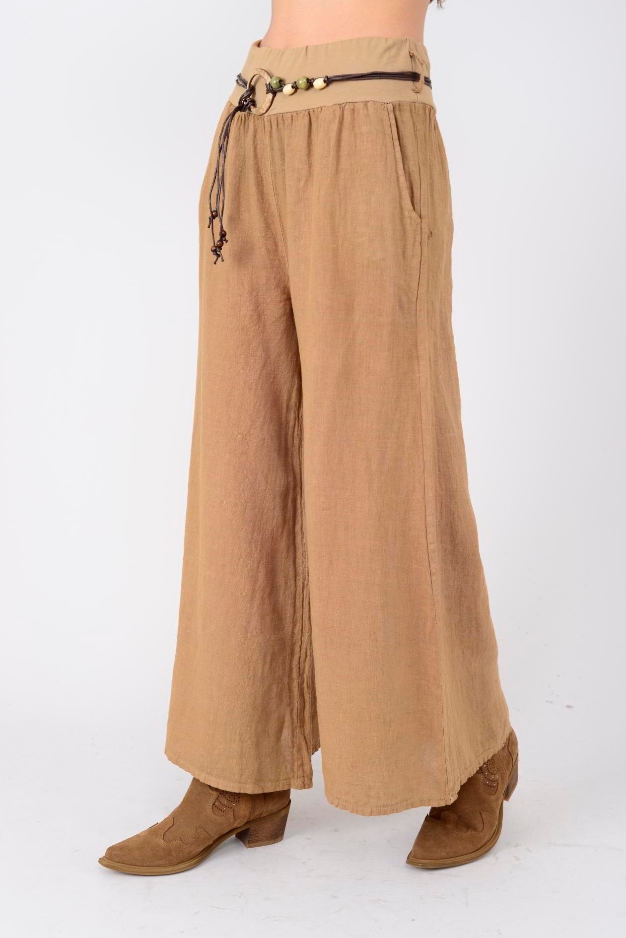 GENİŞ PAÇA KEMERLİ KETEN PANTOLON