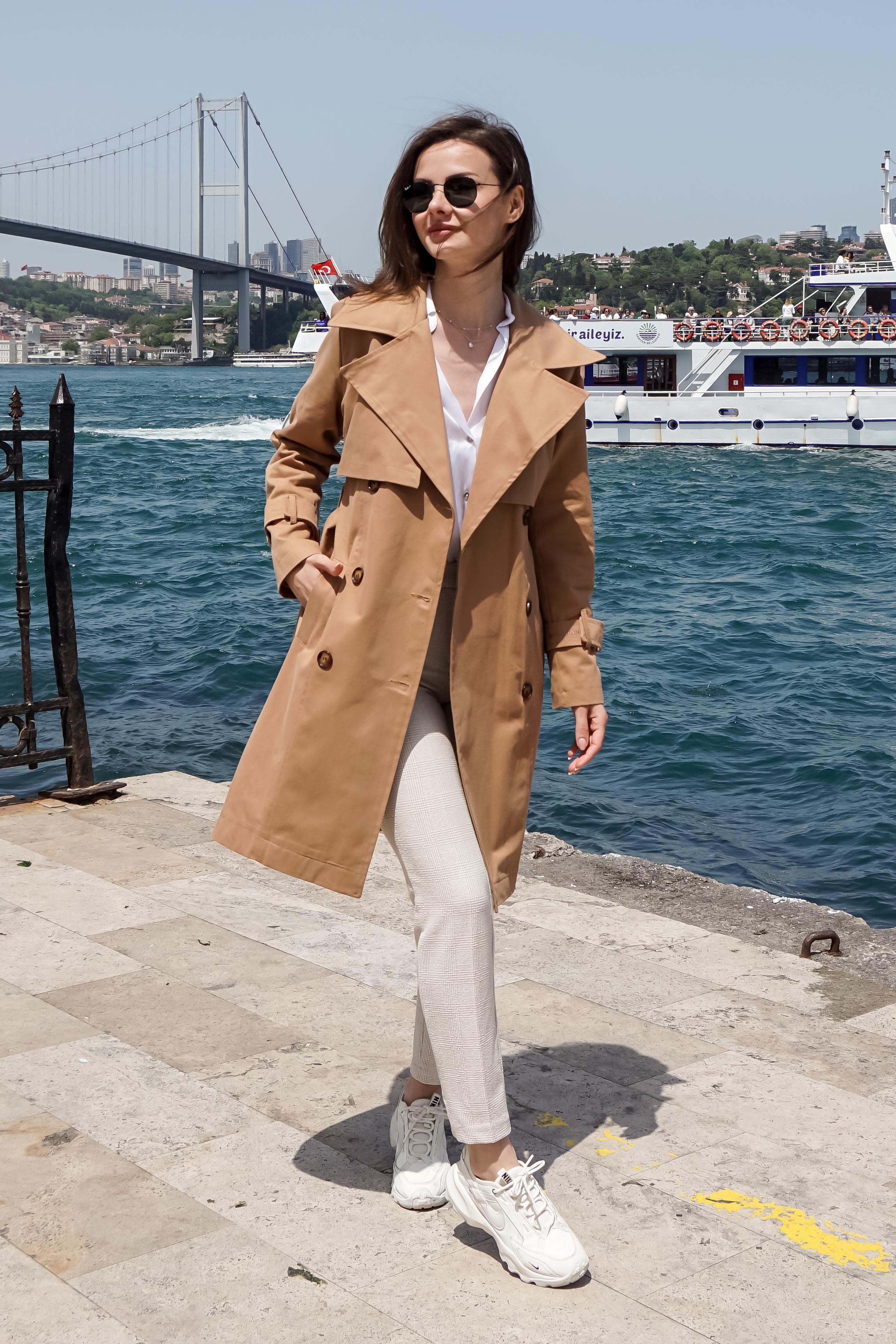 % 100 PAMUK GABARDİN MİDİ (95 cm) ASTARLI KEMERLİ KADIN TRENÇKOT