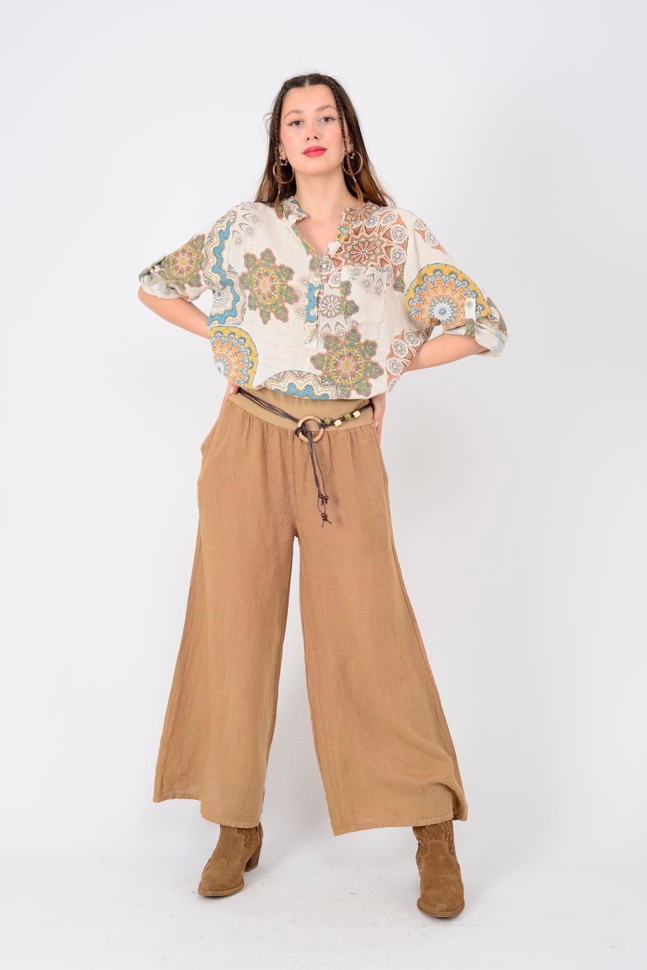 GENİŞ PAÇA KEMERLİ KETEN PANTOLON