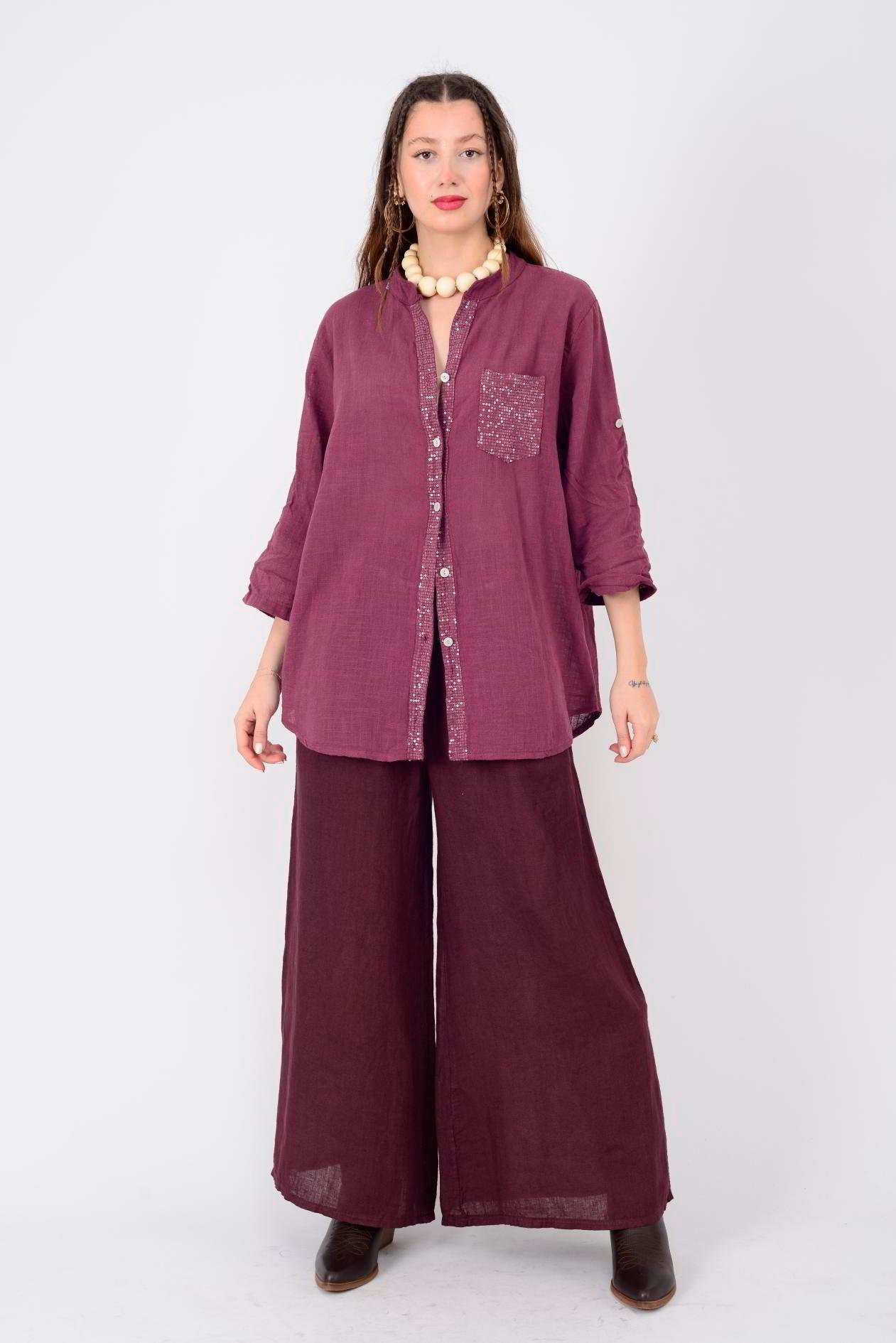 GENİŞ PAÇA KEMERLİ KETEN PANTOLON