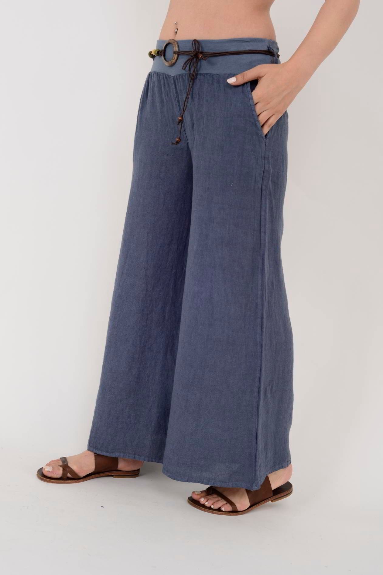 GENİŞ PAÇA KEMERLİ KETEN PANTOLON