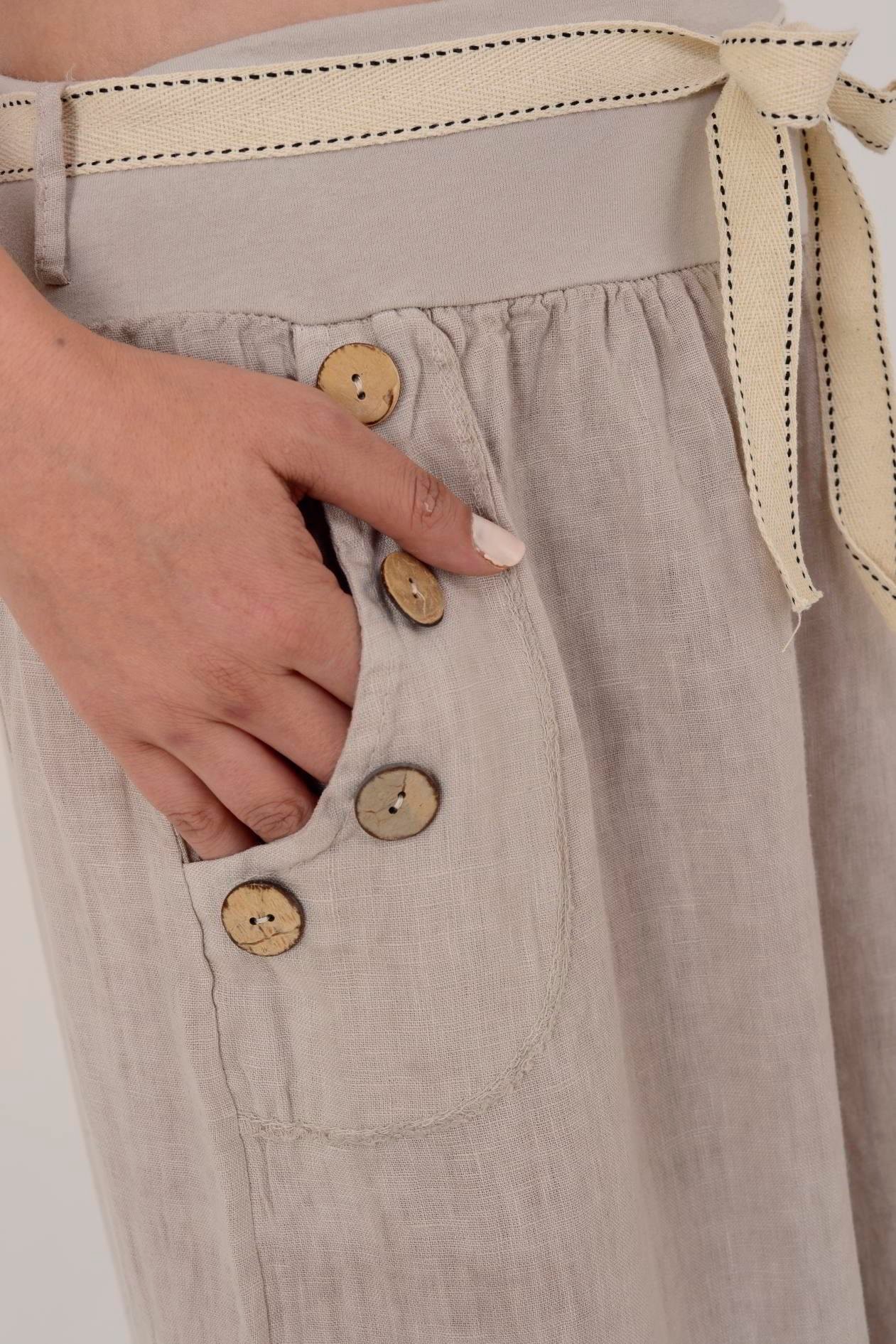 DÜĞME DETAYLI KEMERLİ KETEN PANTOLON 