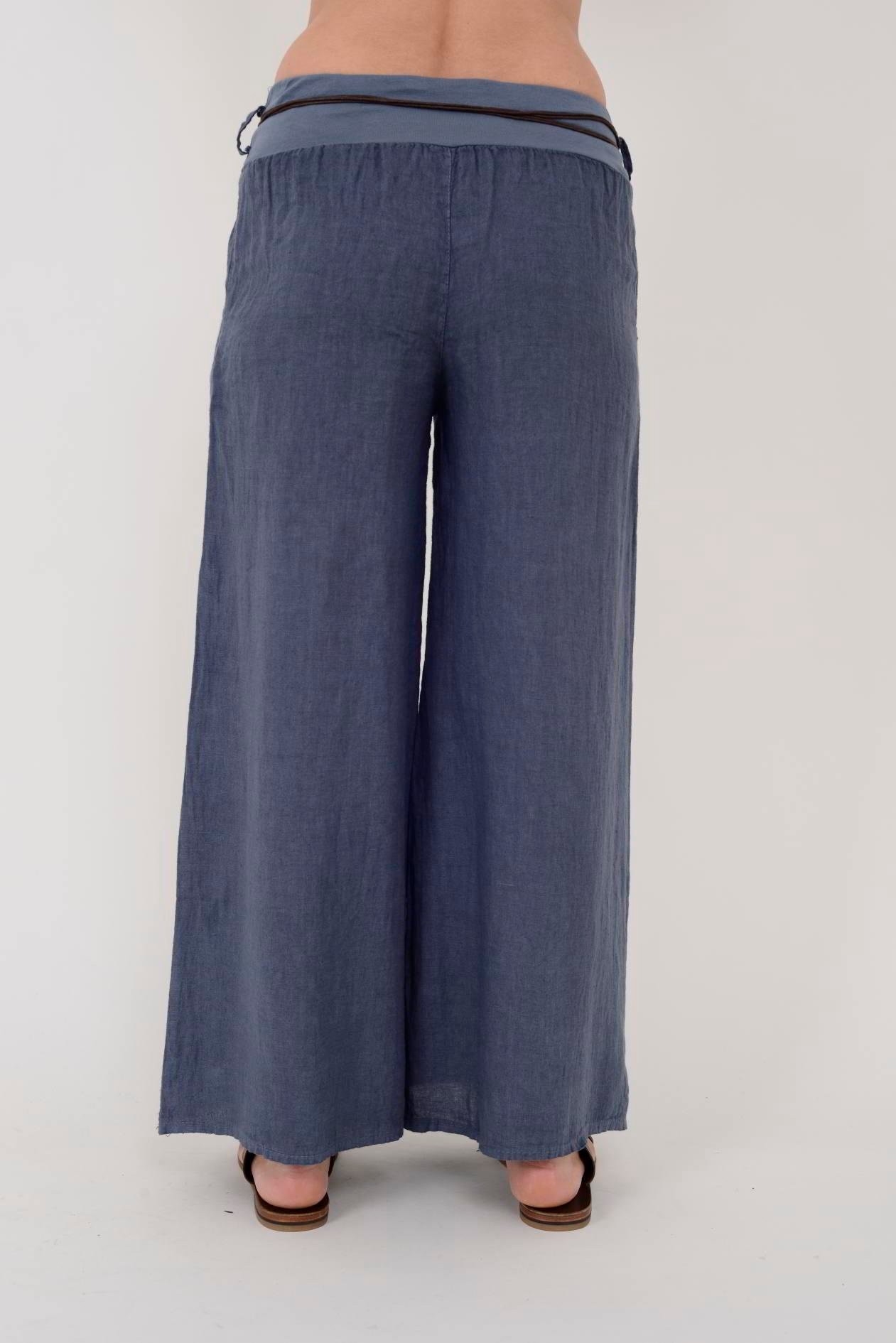 GENİŞ PAÇA KEMERLİ KETEN PANTOLON