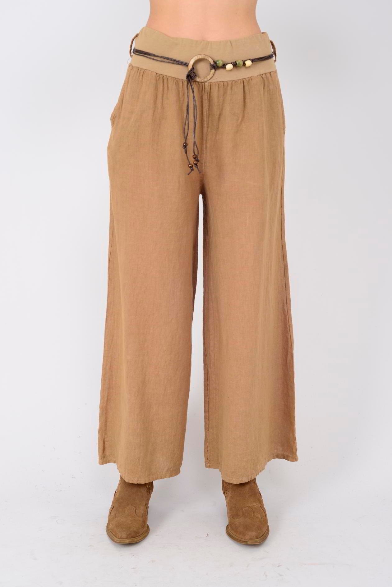 GENİŞ PAÇA KEMERLİ KETEN PANTOLON