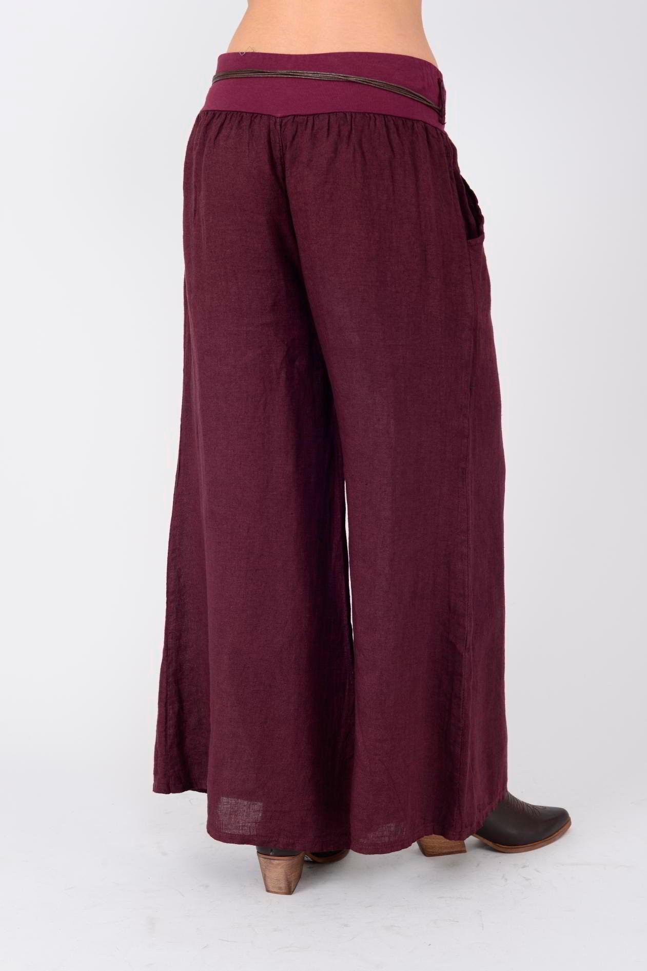 GENİŞ PAÇA KEMERLİ KETEN PANTOLON