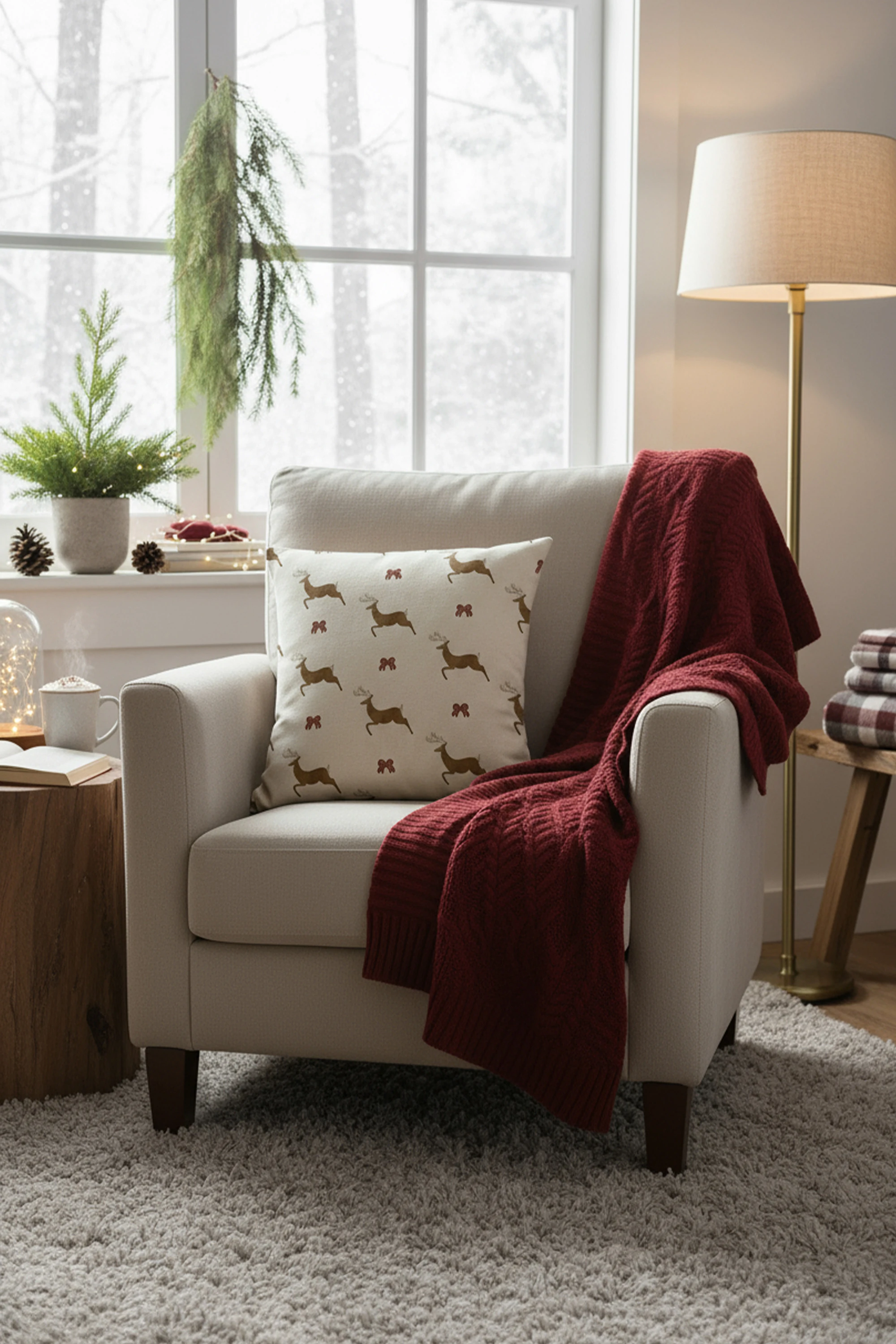 Yılbaşı Geyik Desenli Keten Kırlent Kılıfı 45x45 cm – Krem & Kahve