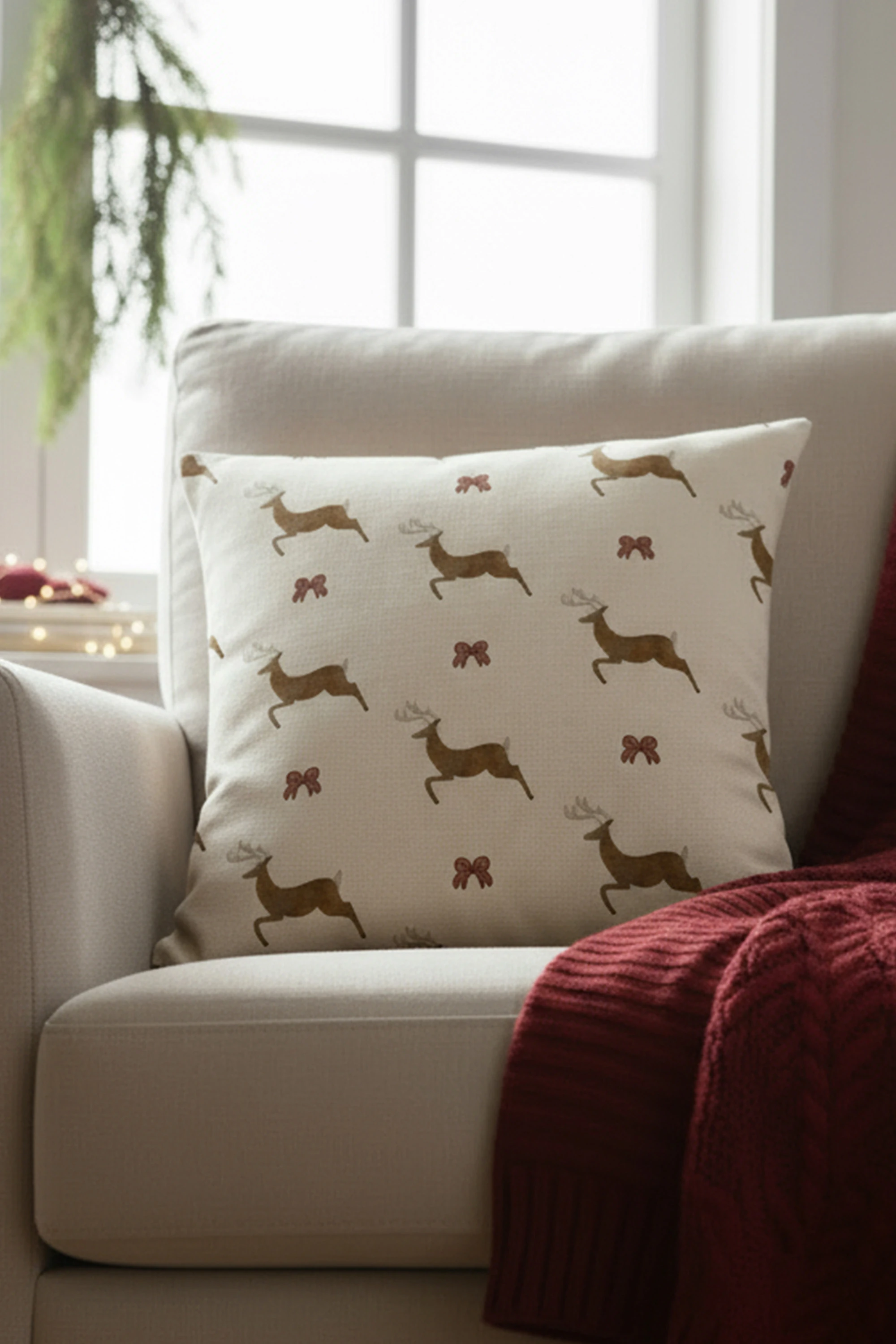 Yılbaşı Geyik Desenli Keten Kırlent Kılıfı 45x45 cm – Krem & Kahve