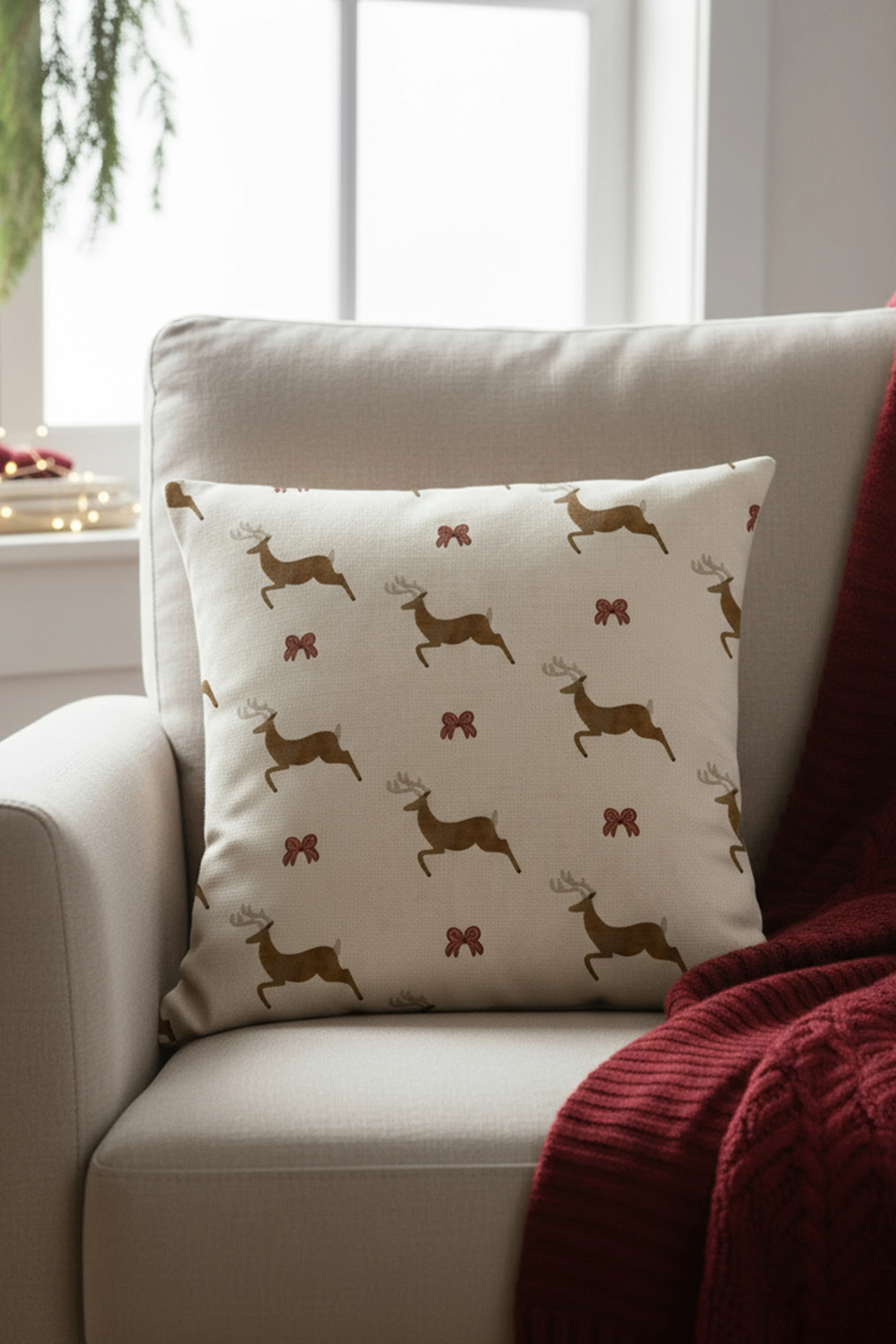 Yılbaşı Geyik Desenli Keten Kırlent Kılıfı 45x45 cm – Krem & Kahve