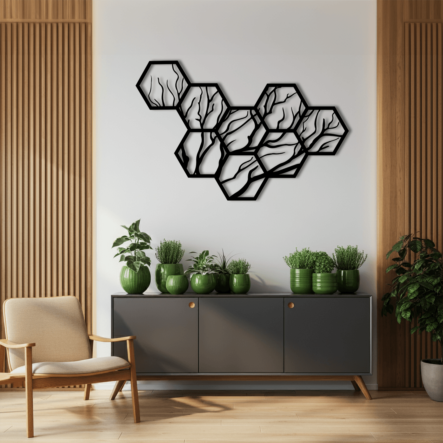 Geometrik Dallar Temalı Ahşap Duvar Tablosu
