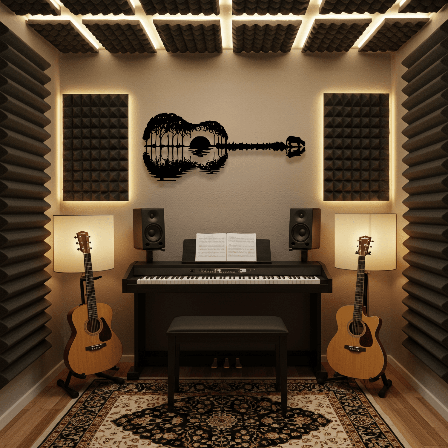 Gün Batımı Gitar Temalı Ahşap Duvar Tabloları