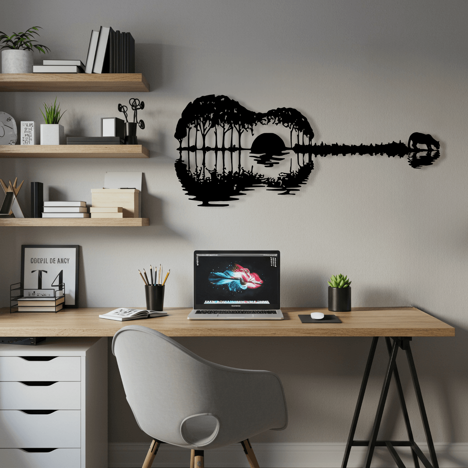Gün Batımı Gitar Temalı Ahşap Duvar Tabloları