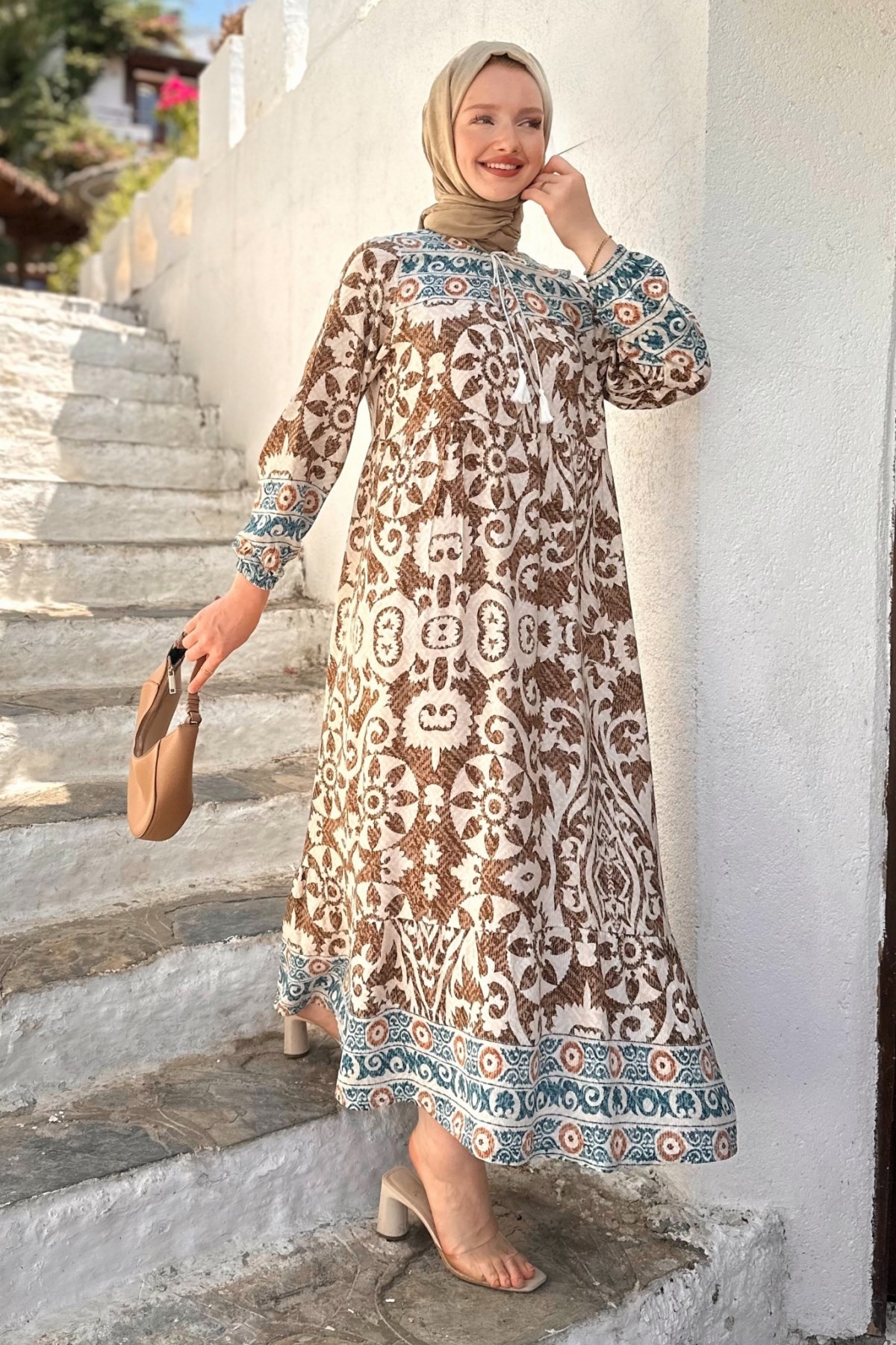 Sophia Kadın Kahverengi Trend Rahat Günlük Yaka Bağlama Detaylı Viscon Elbise SOPHIA-7518