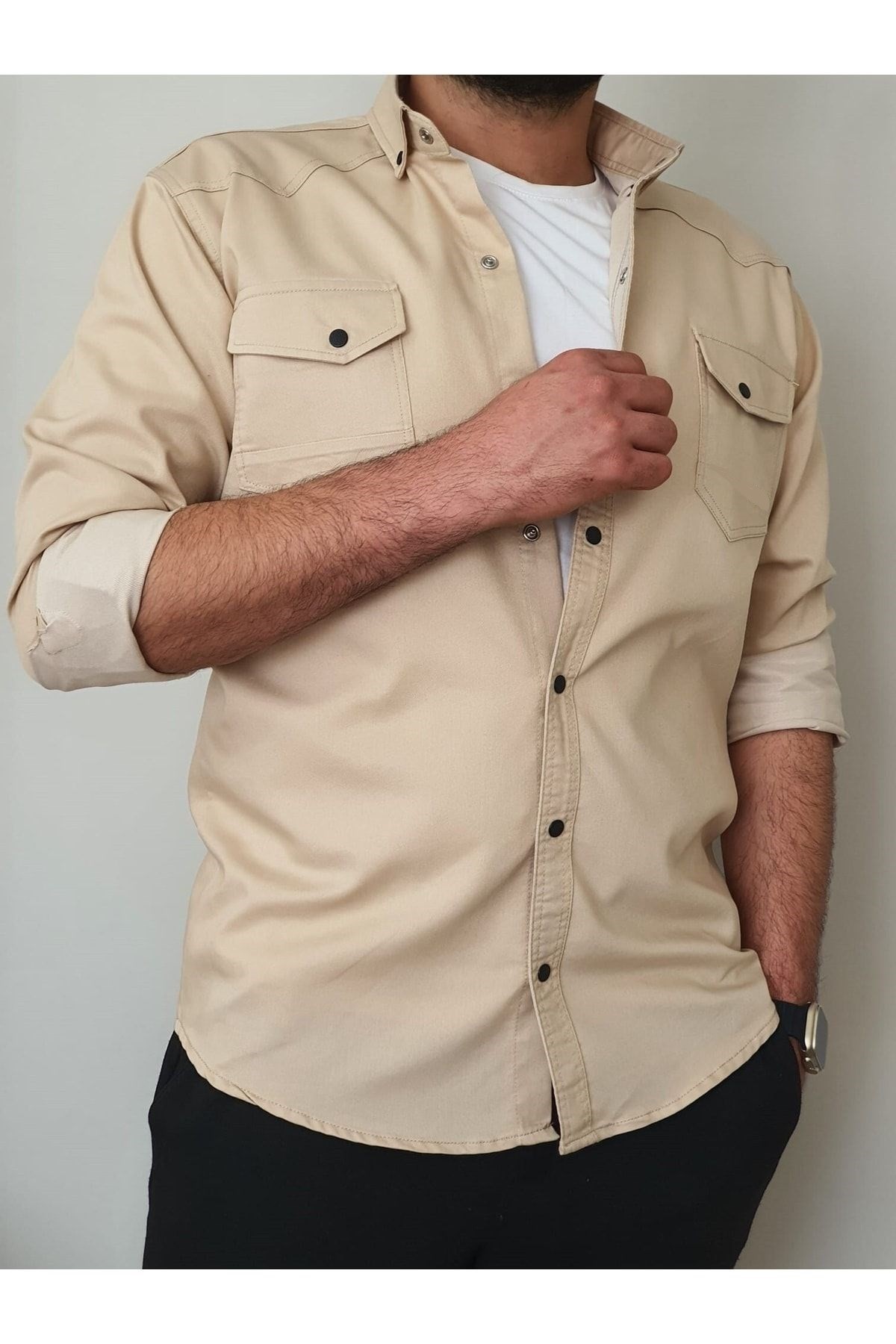 Tomiross Kıvanç Bej Erkek Rahat Esnek Slim Fit Kalıp Pamuklu Kot Gömlek KIVANC-1927