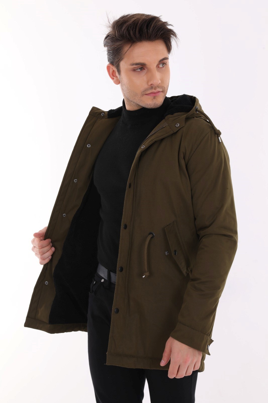 Tomiross Erkek Martin Slim Fit Kapüşonlu İçi Kürklü Uzun Parka Soğuk Geçirmez BNTDNR-8108